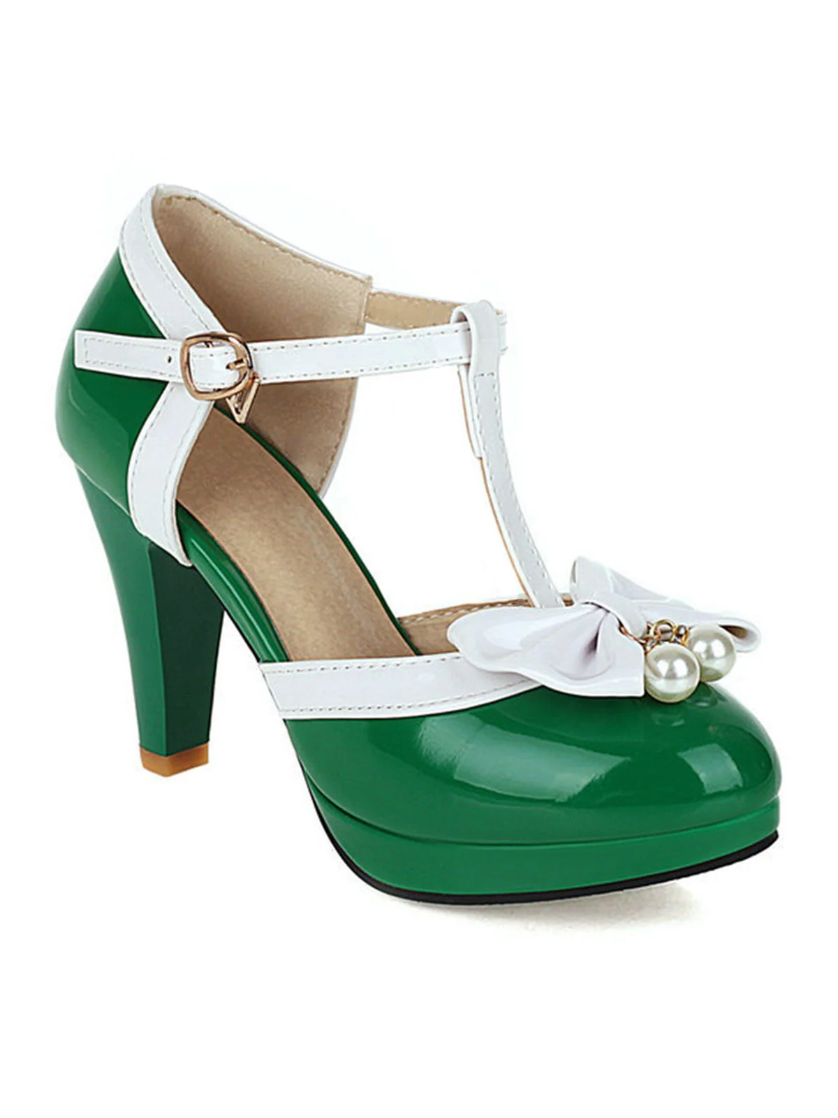 Grün Retro T-Gurt Bogen Hoher Absatz Schuhe - Image 2