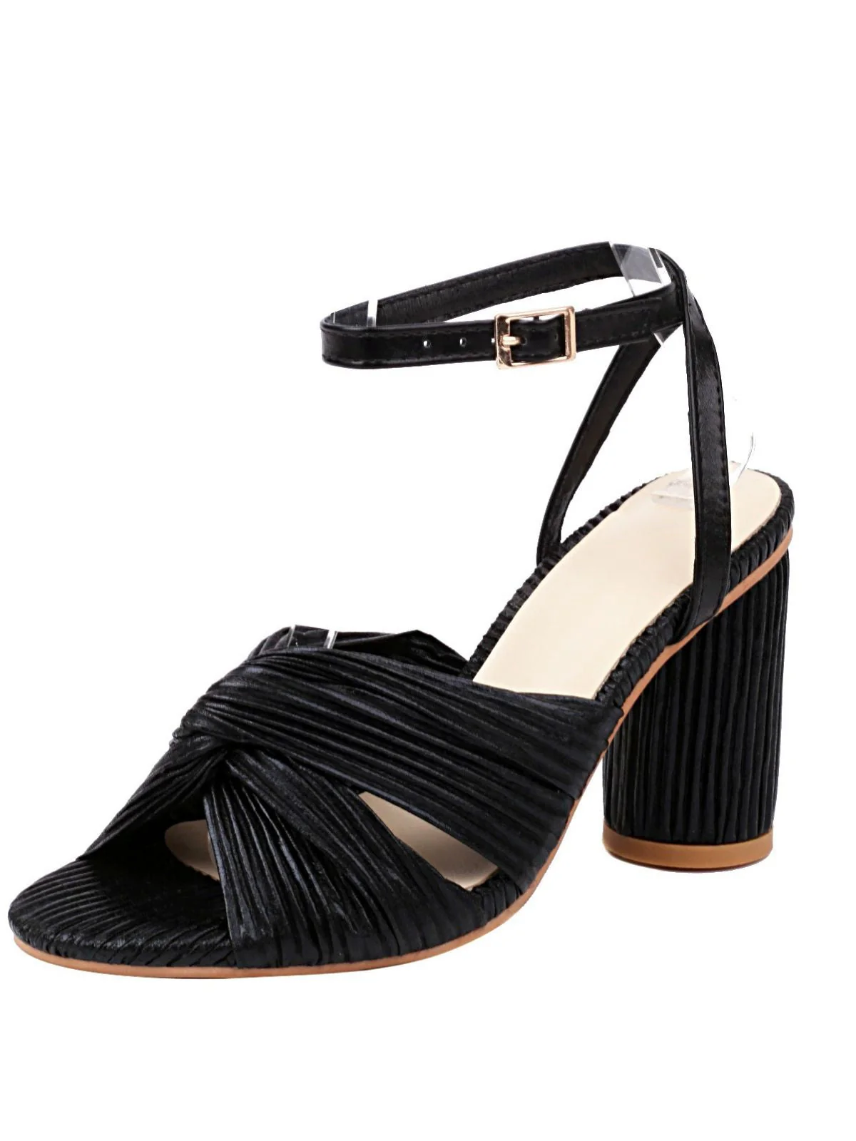 Vintage Plissiertes Twist Peep Zehe Schnalle Klobig Hoch Absätze - Image 5