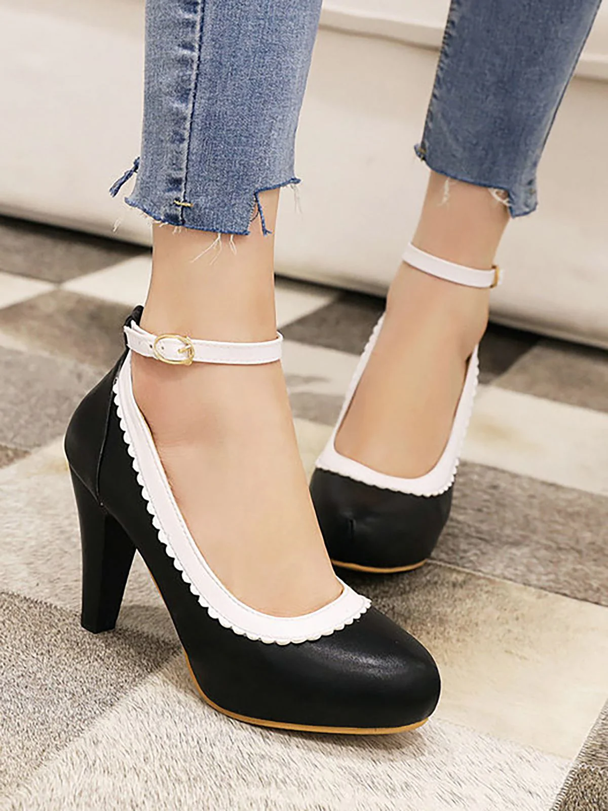 Dunkelgelb VINTAGE ROUND HOHE ABSATZ SCHUHE - Image 8