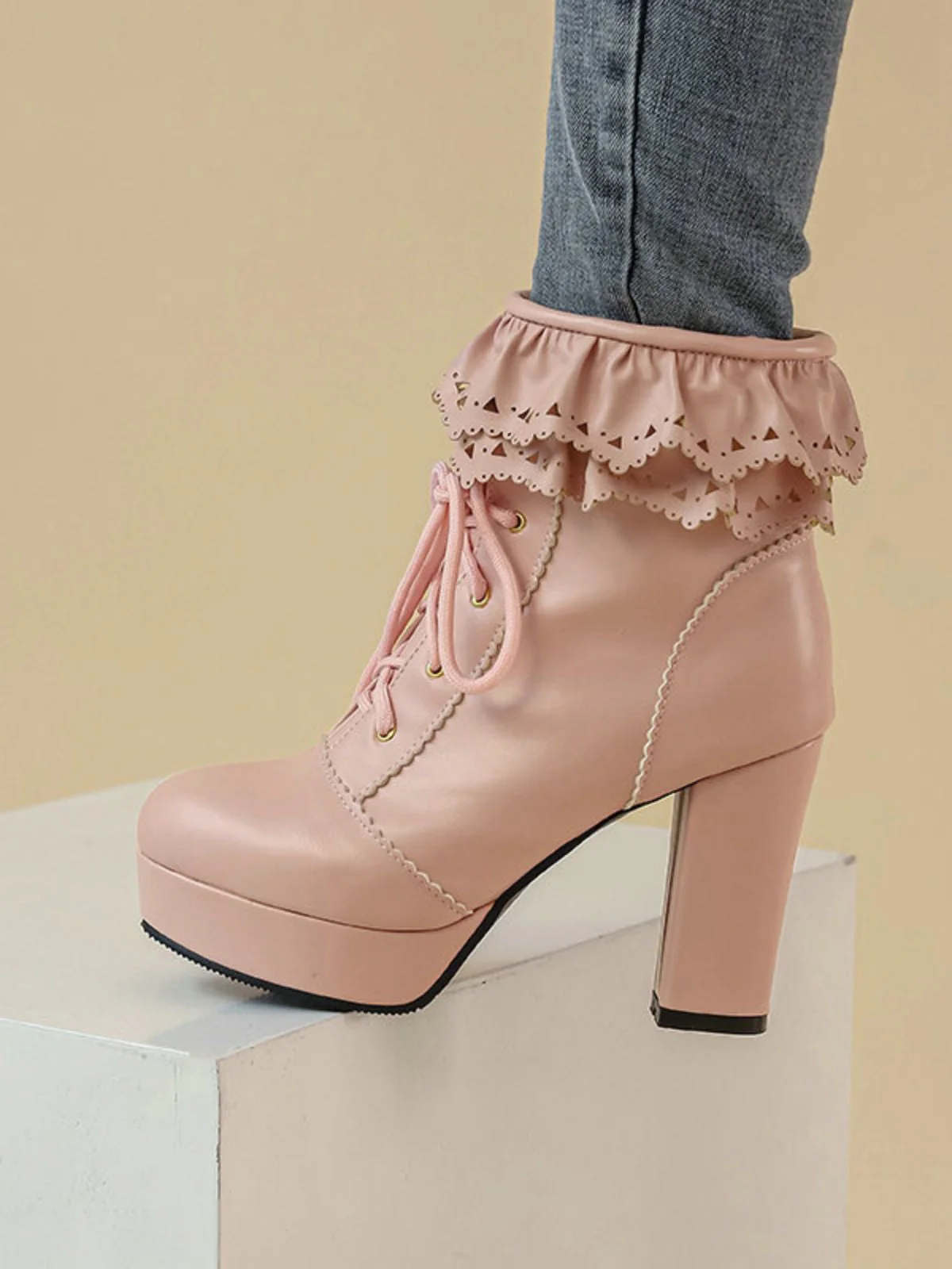 Vintage Rüschen Schnürung Klobig Hoher Absatz Stiefel - Image 13