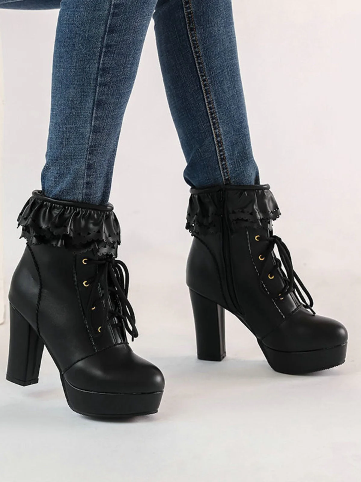 Vintage Rüschen Schnürung Klobig Hoher Absatz Stiefel - Image 5