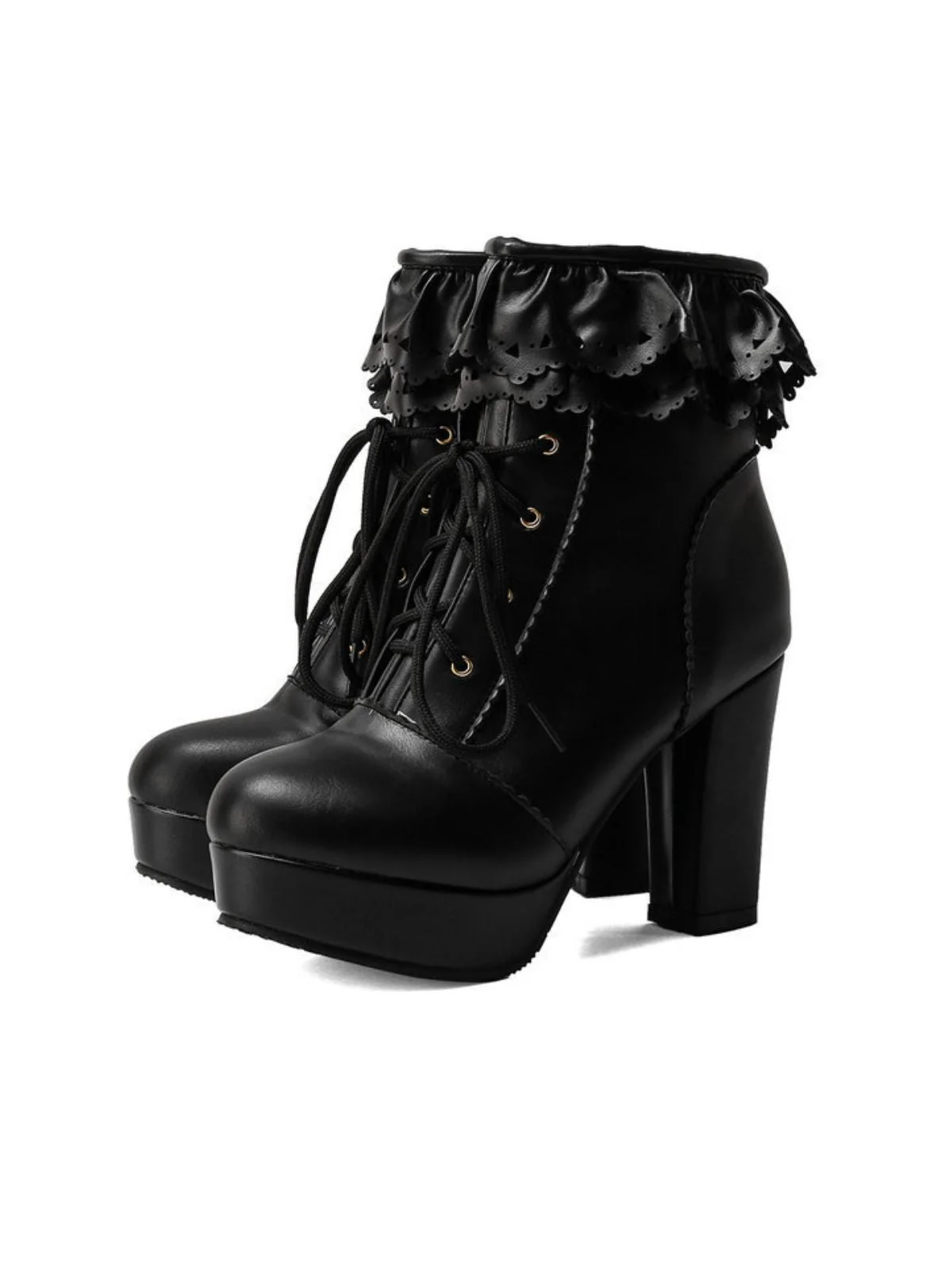 Vintage Rüschen Schnürung Klobig Hoher Absatz Stiefel - Image 6