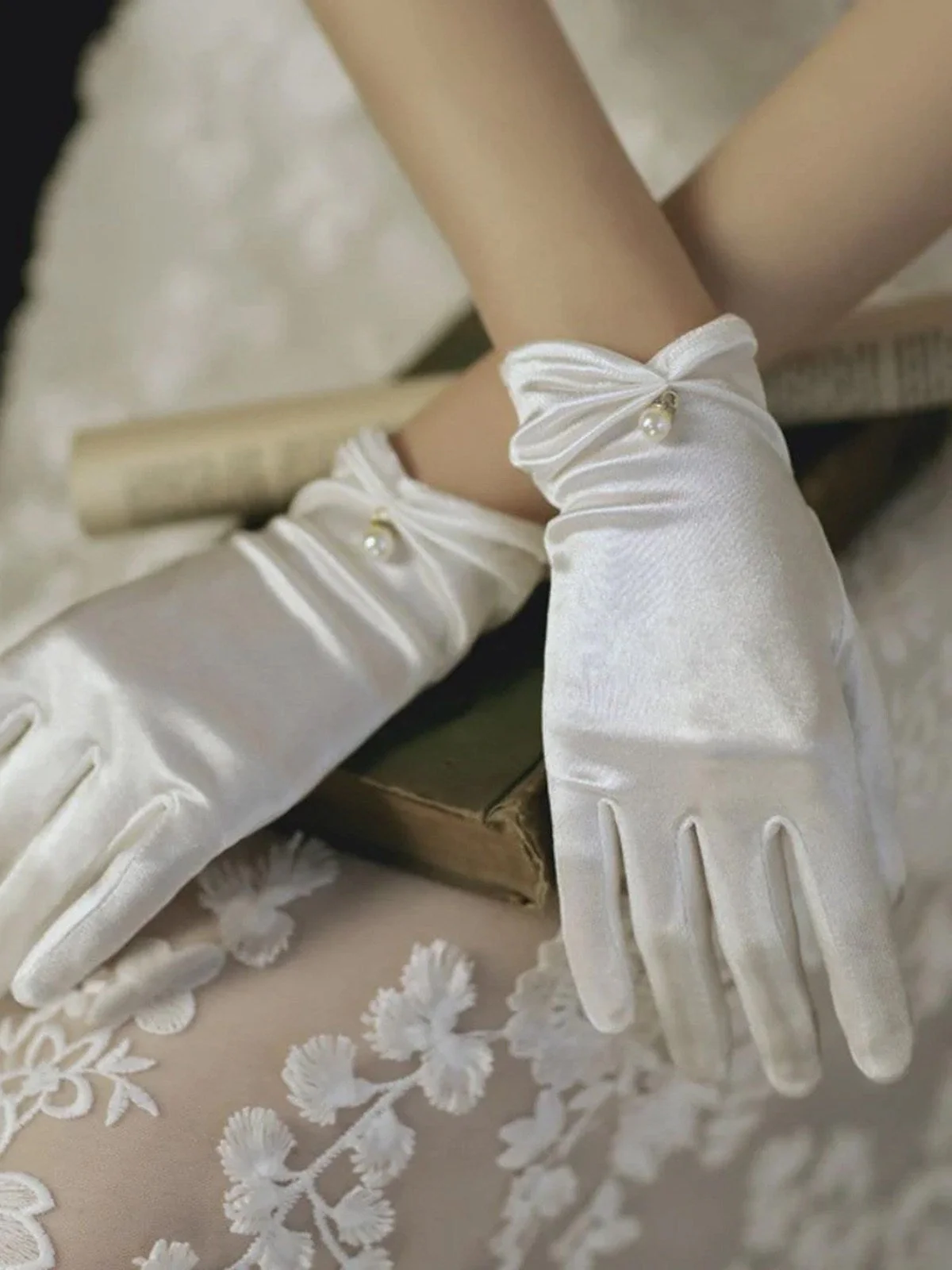 Vintage Solide Perle Stretch-Satin Kurze Handschuhe - Image 4
