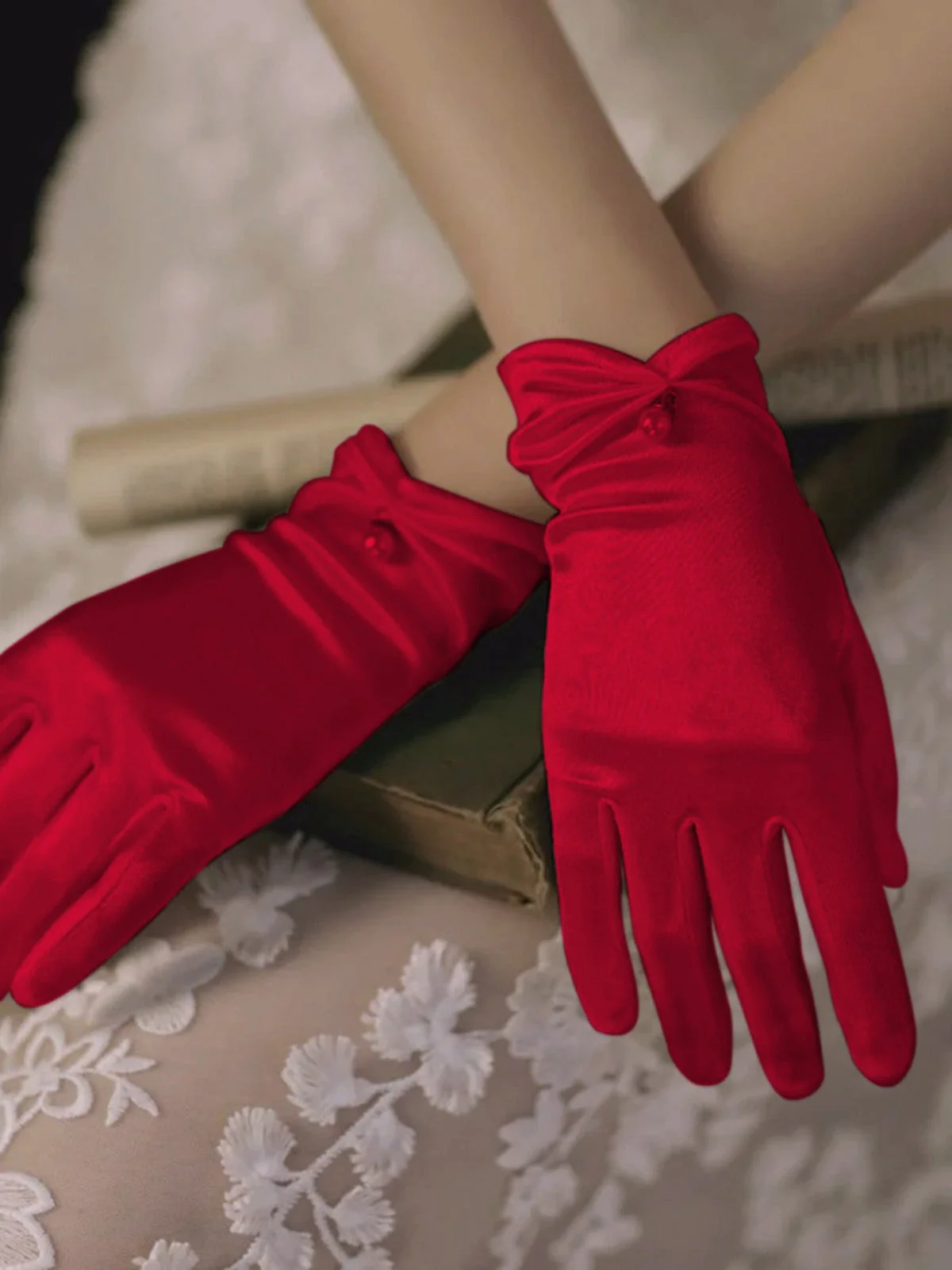 Vintage Solide Perle Stretch-Satin Kurze Handschuhe - Image 7