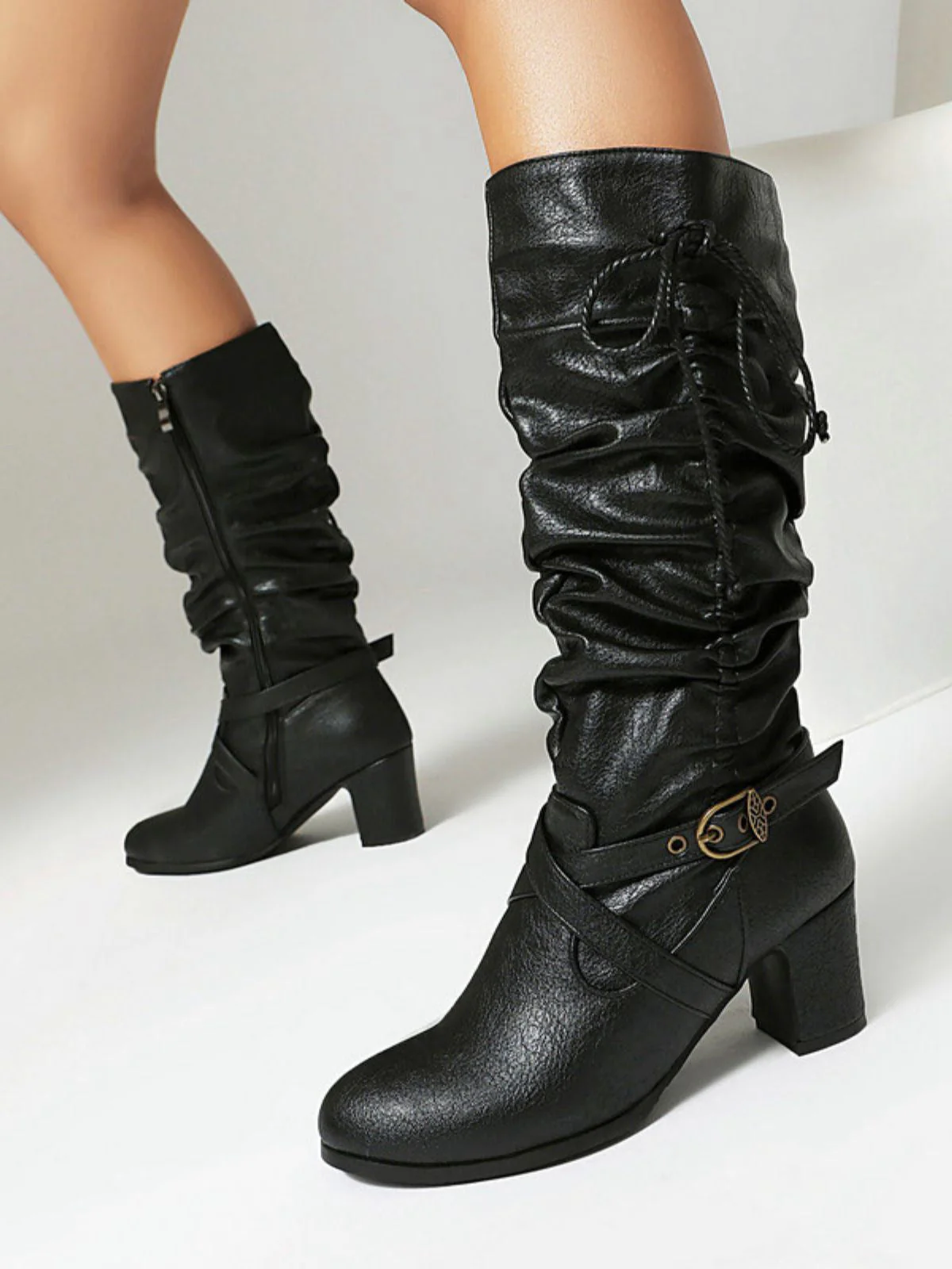 Vintage Solide Schnalle Gerüscht Klobige Absätze Stiefel - Image 2