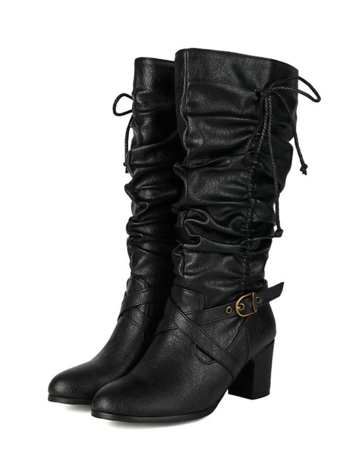Vintage Solide Schnalle Gerüscht Klobige Absätze Stiefel - Image 3