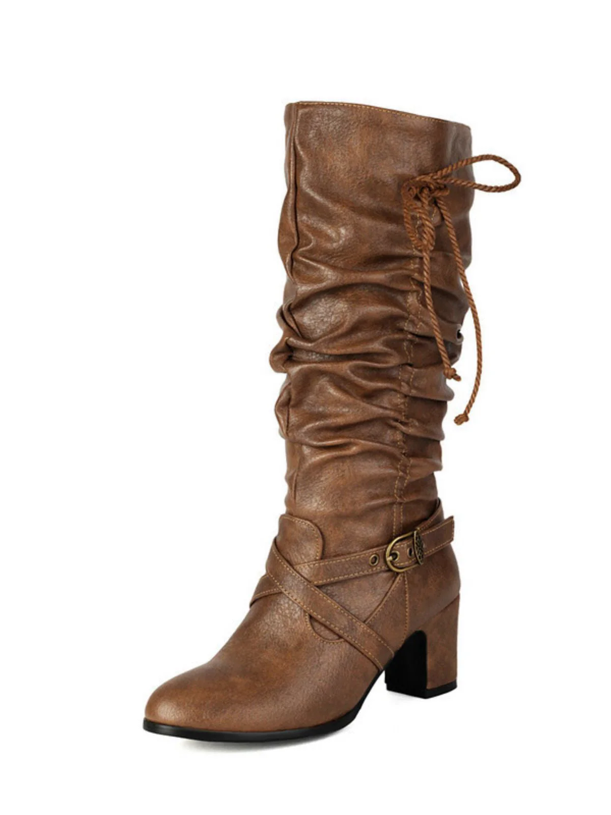 Vintage Solide Schnalle Gerüscht Klobige Absätze Stiefel - Image 5