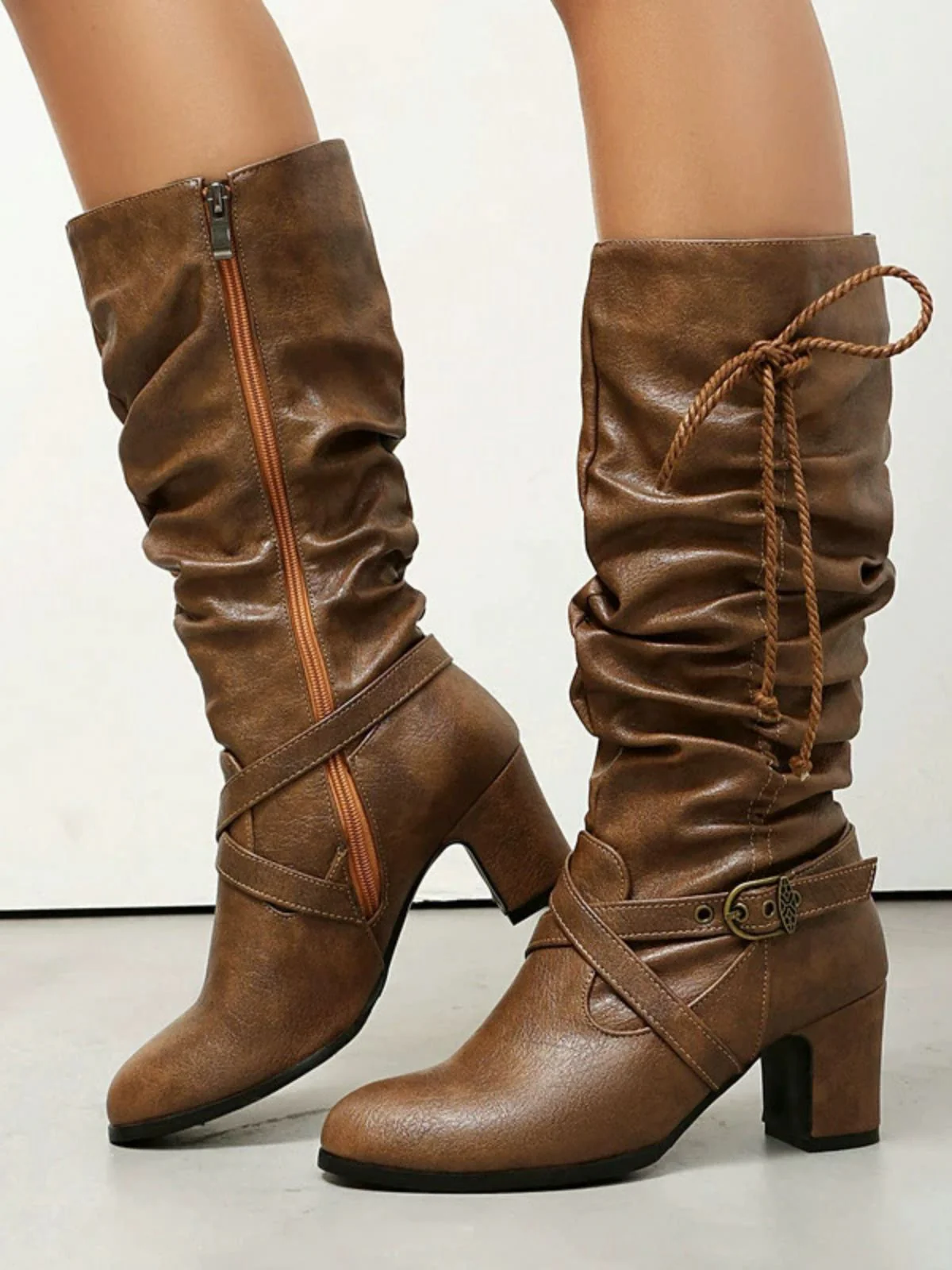 Vintage Solide Schnalle Gerüscht Klobige Absätze Stiefel - Image 6