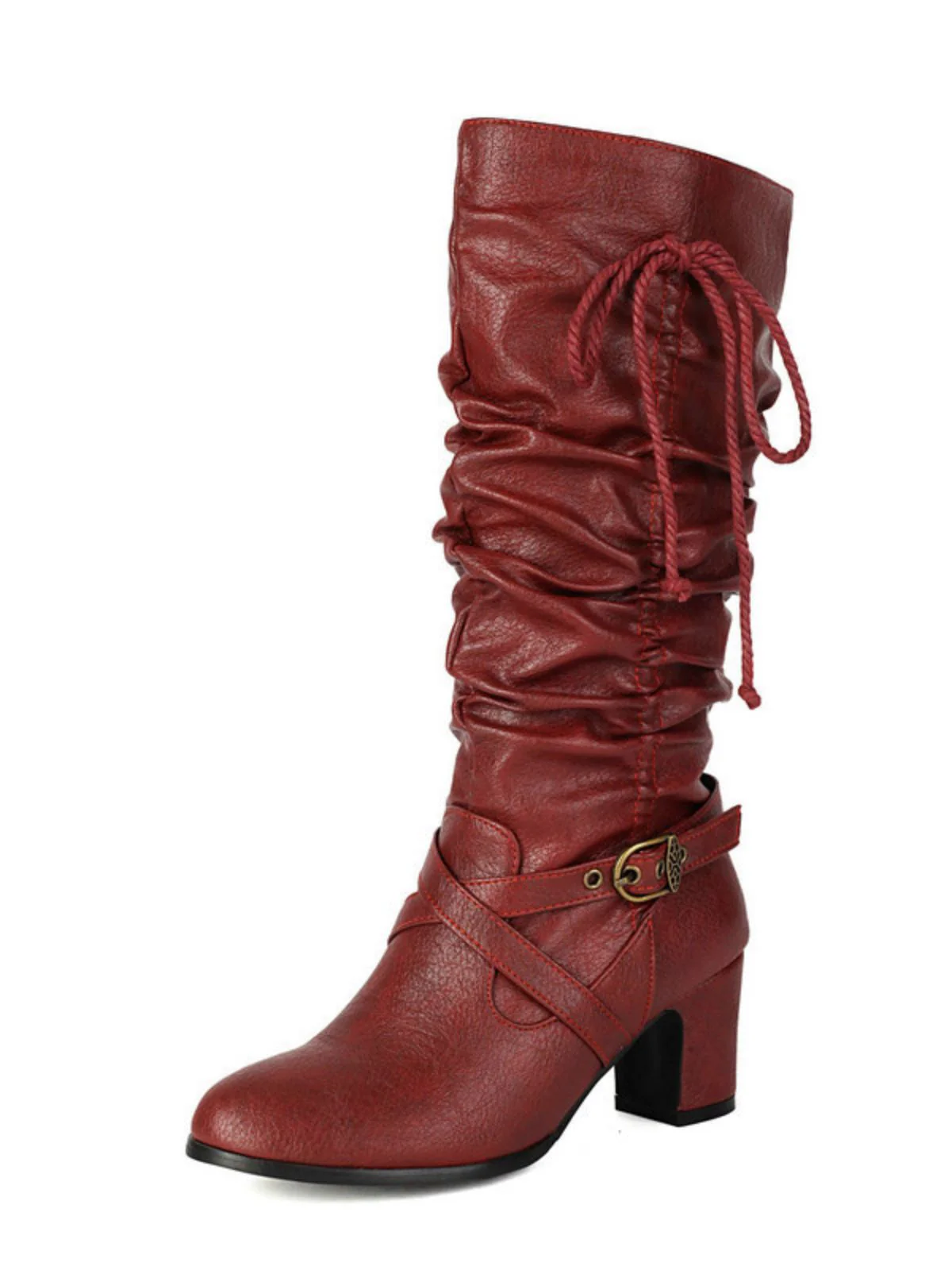 Vintage Solide Schnalle Gerüscht Klobige Absätze Stiefel - Image 8