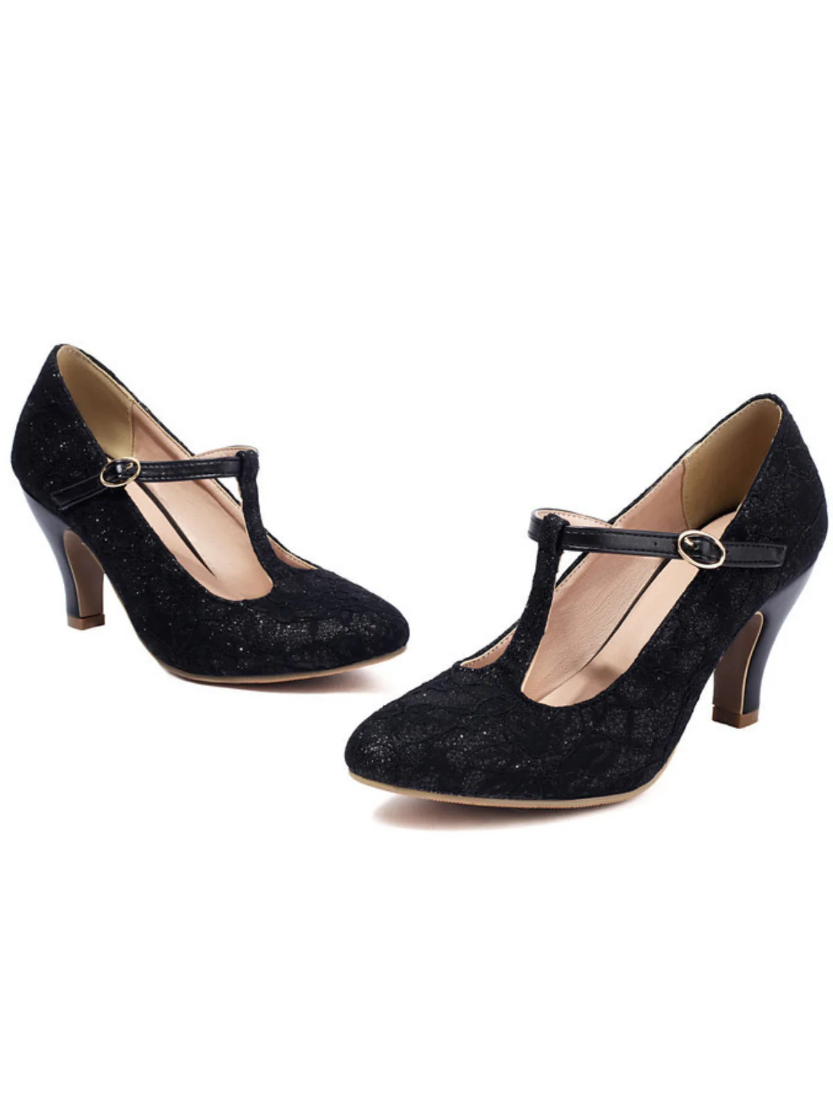Vintage Spitze Patchwork T-Strap Schnalle High Heels - Image 3