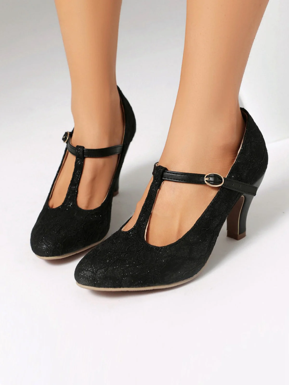 Vintage Spitze Patchwork T-Strap Schnalle High Heels - Image 4