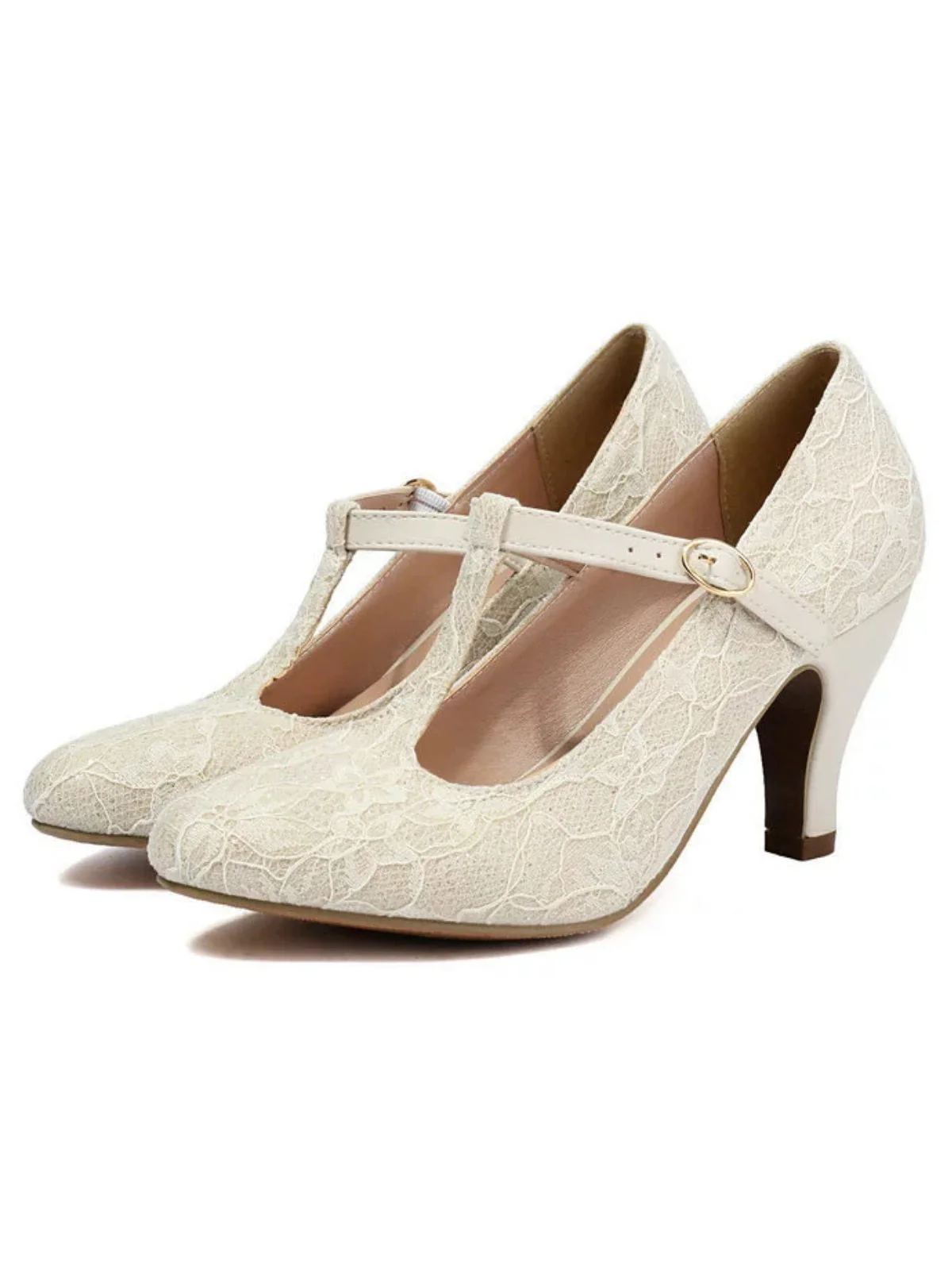 Vintage Spitze Patchwork T-Strap Schnalle High Heels - Image 9