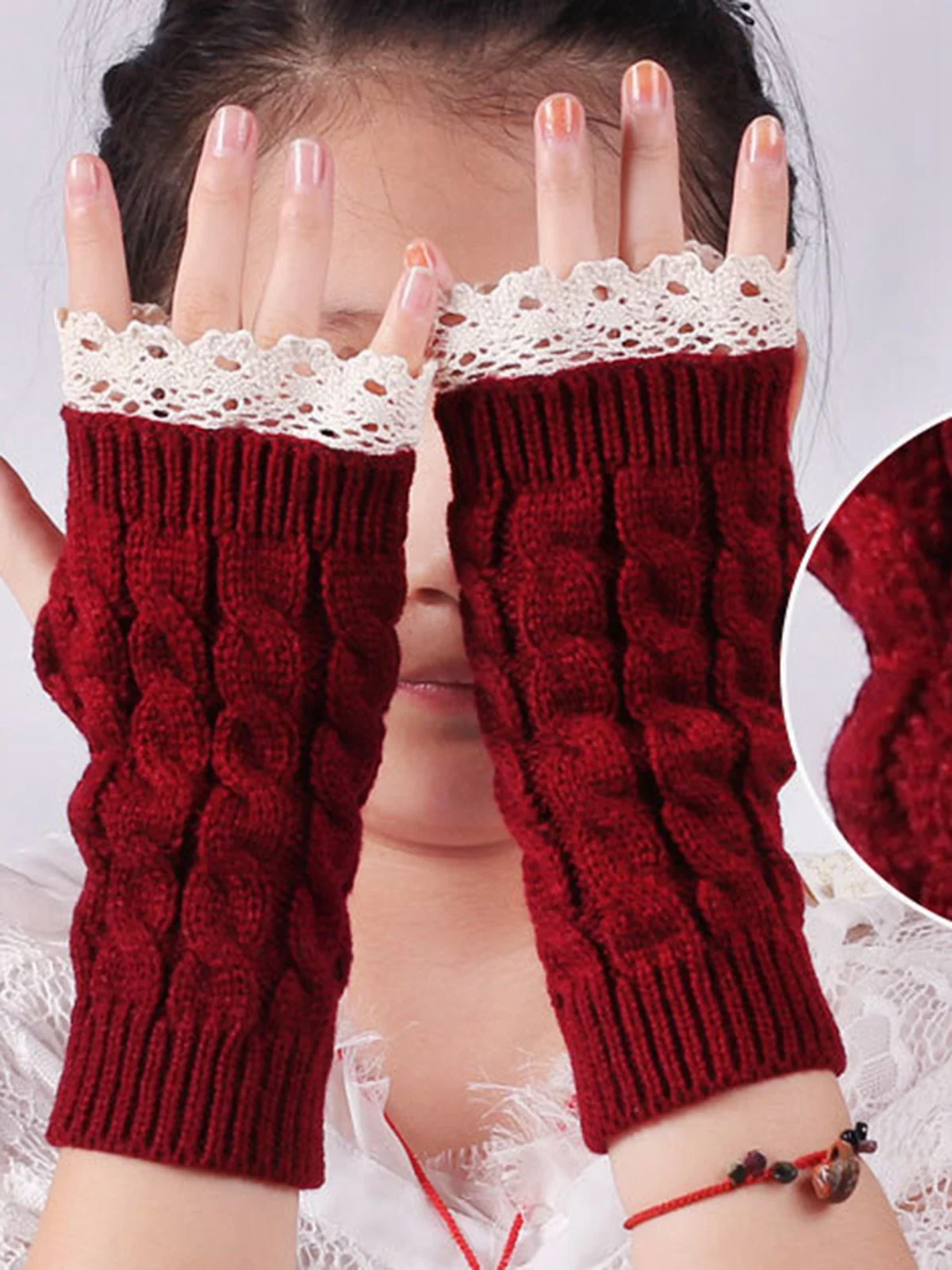 Vintage Spitze Patchwork Verdreht Stricken Fingerlos Handschuhe