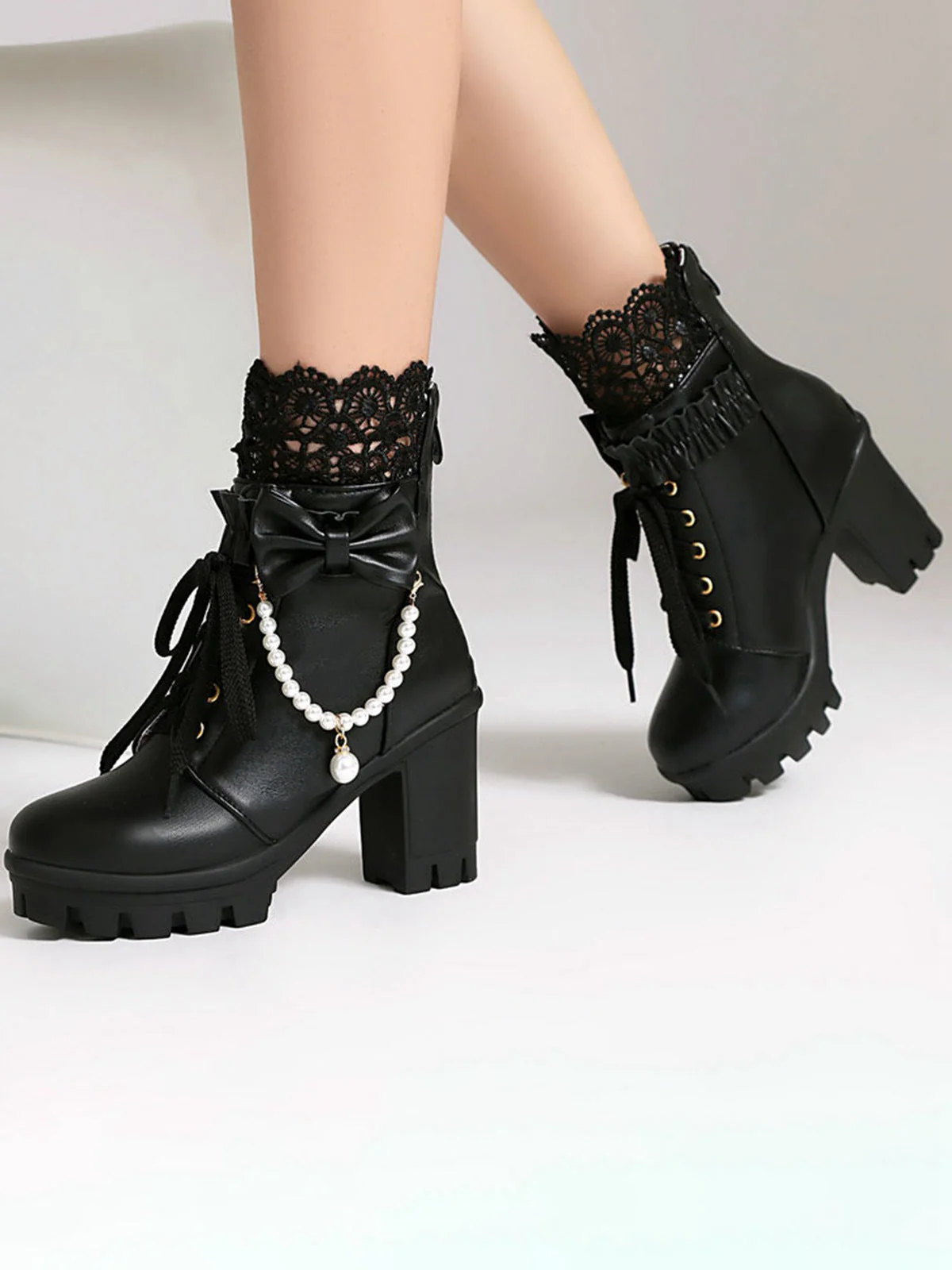 Vintage Spitze Perlen Bogen Blockabsatz Stiefel - Image 2