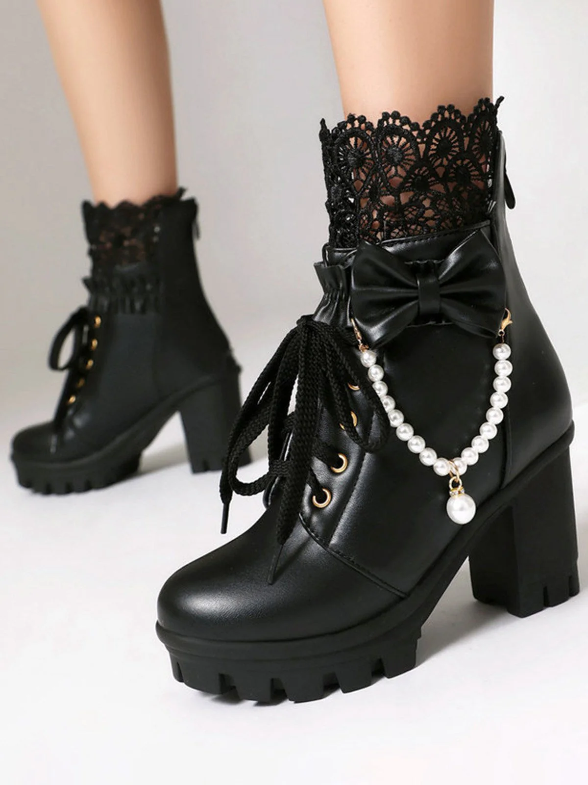Vintage Spitze Perlen Bogen Blockabsatz Stiefel - Image 3