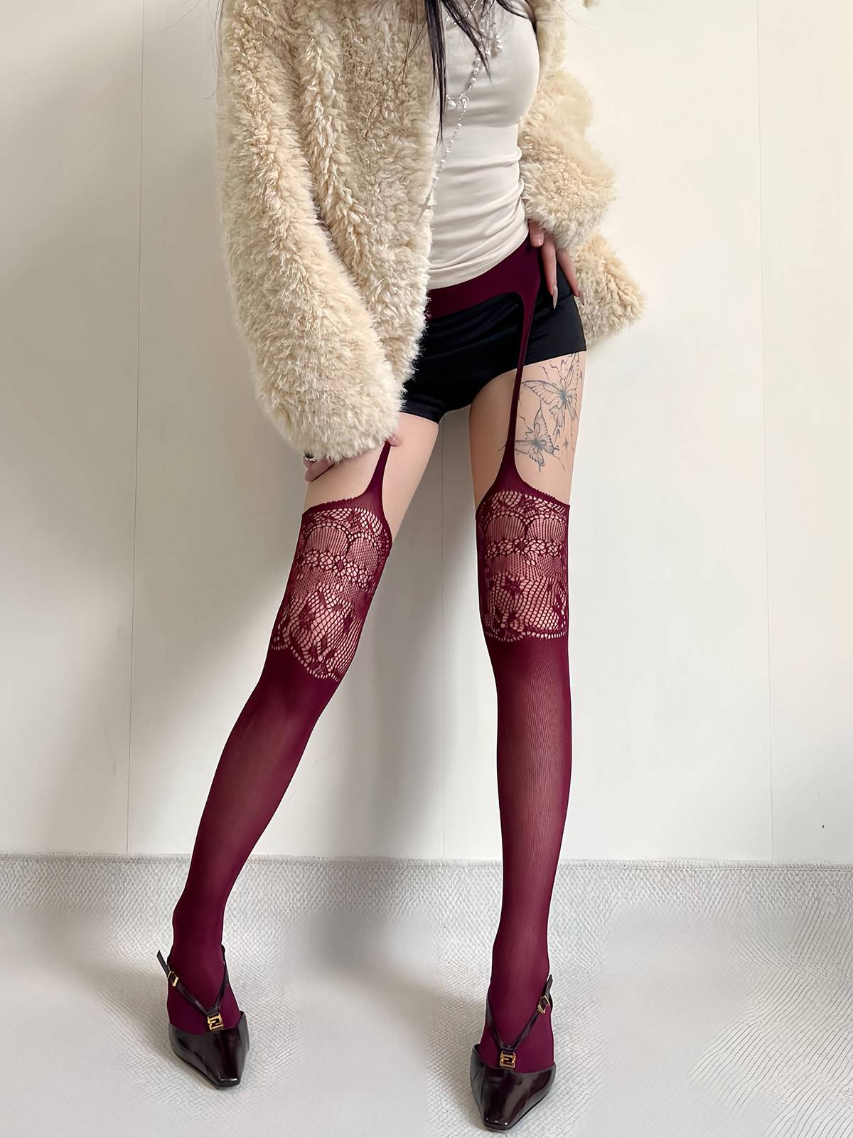 Vintage Spitze Solide Strapsstrumpfhose - Image 8