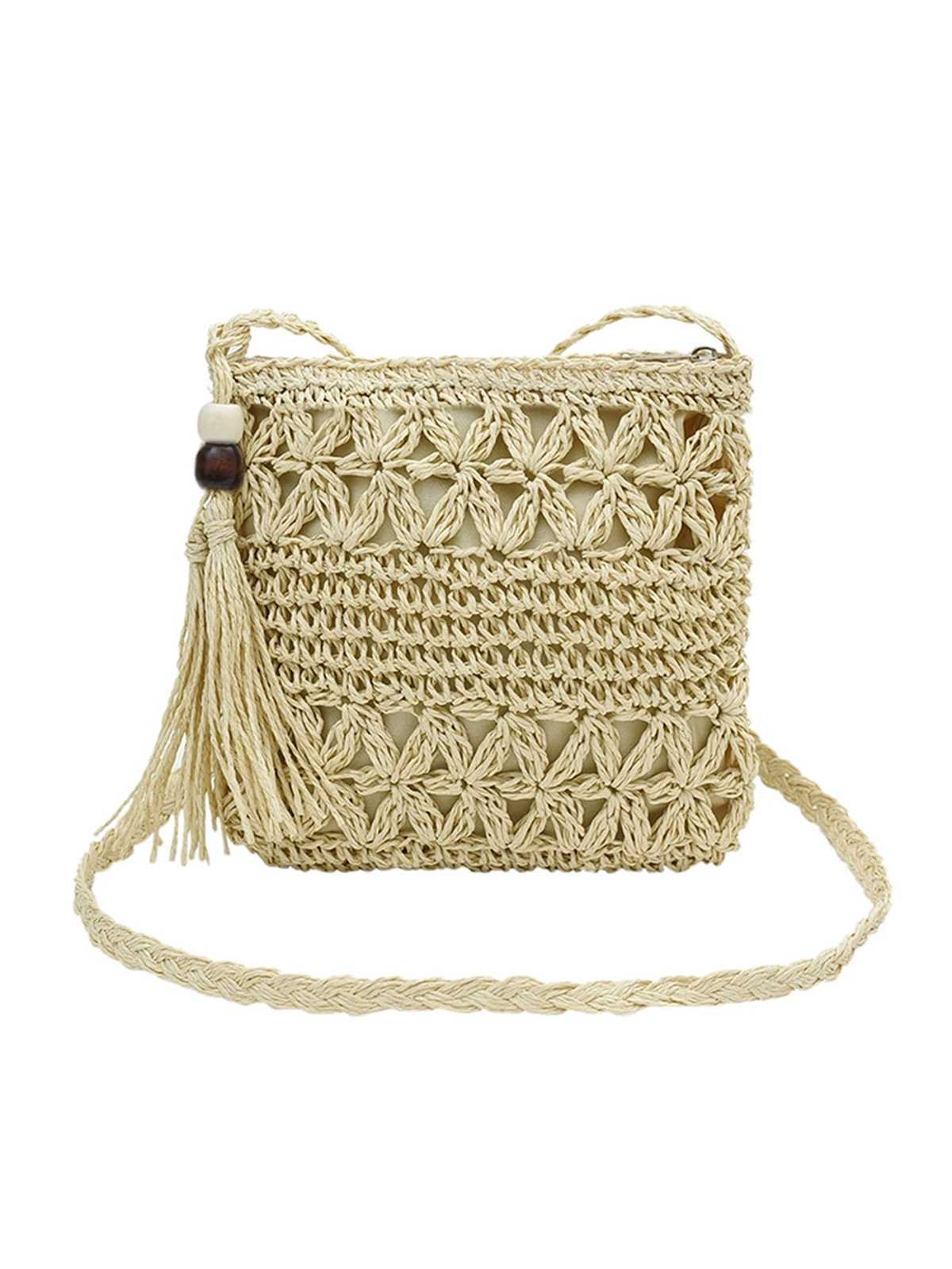 Vintage Stroh Holz Perlen Umhängetasche Tasche - Image 2