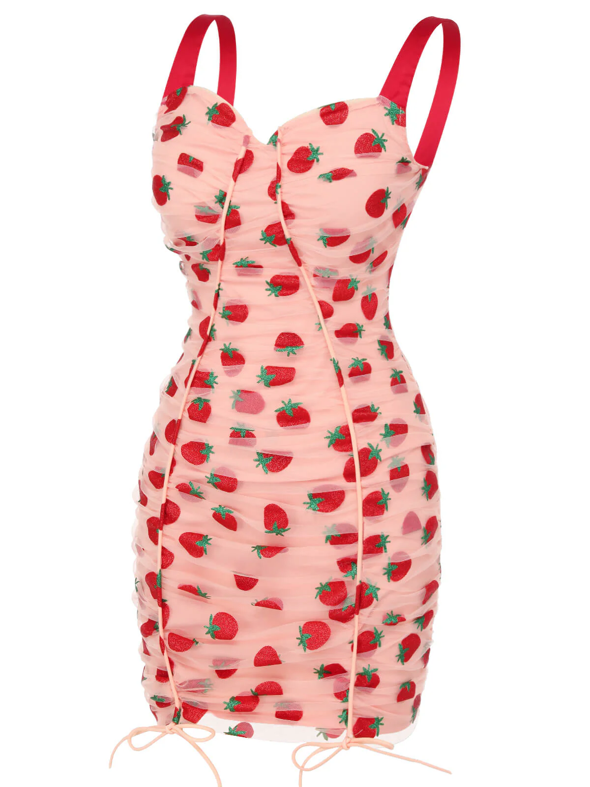 Rosa 1960er Erdbeer Bleistiftkleid mit Kordelzug - Image 3