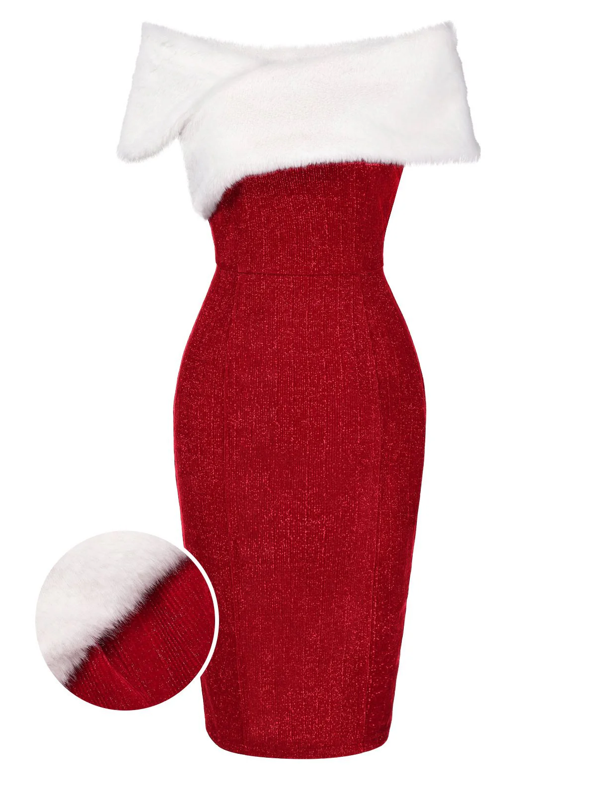 Rot 1960er Kunstpelz Schulterfrei Kleid - Image 4