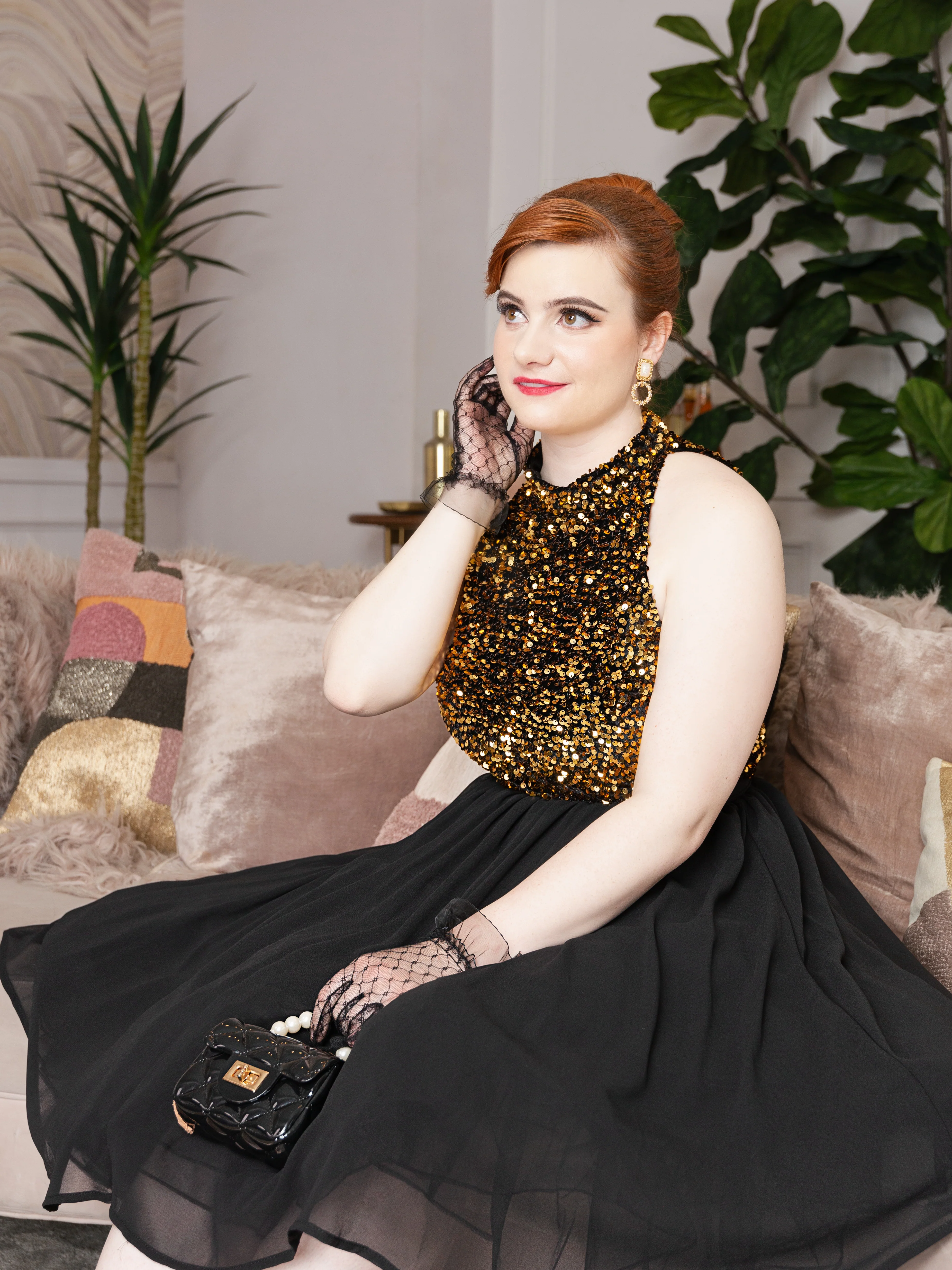 SCHWARZES 1950ER GOLD GLITZER PATCHWORK KLEID - Image 4