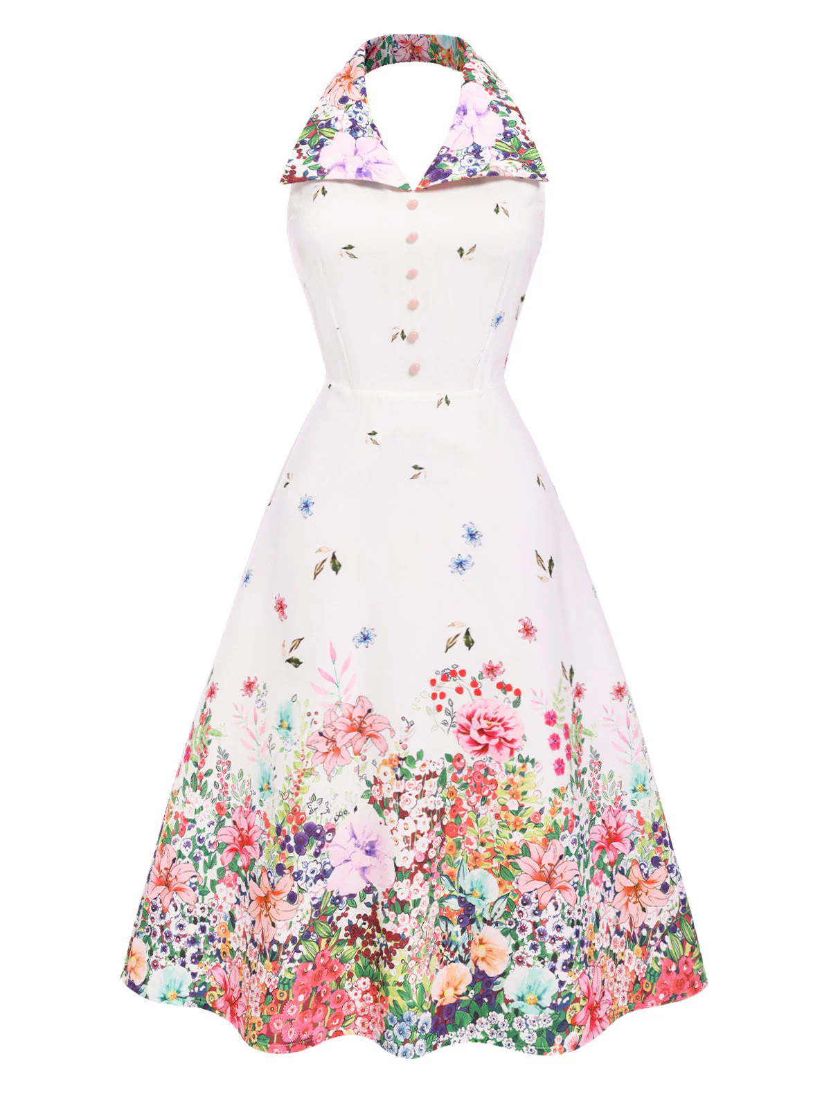 Weiß 1940er Blumen Revers Spleißen Kleid - Image 3