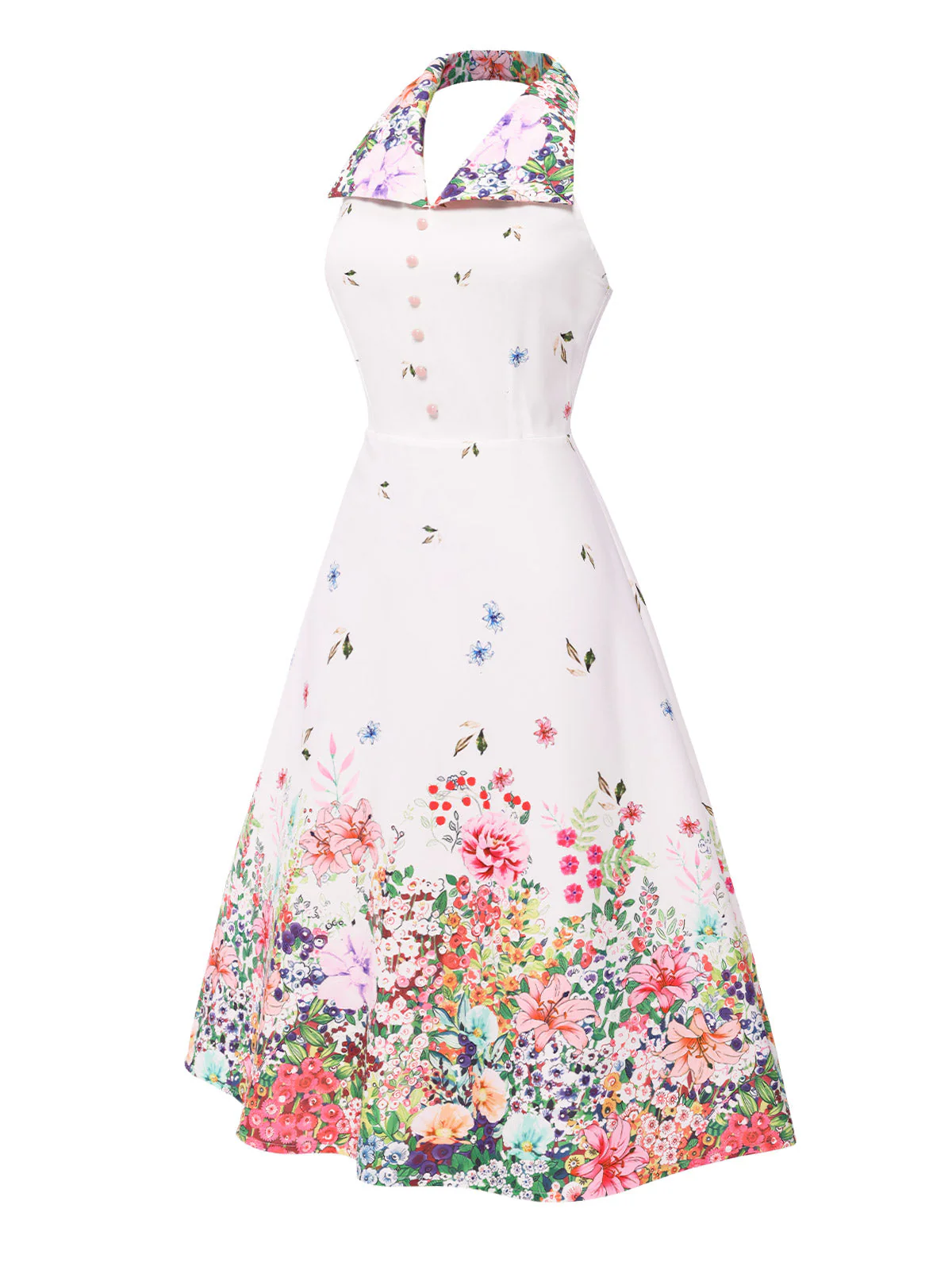 Weiß 1940er Blumen Revers Spleißen Kleid - Image 4