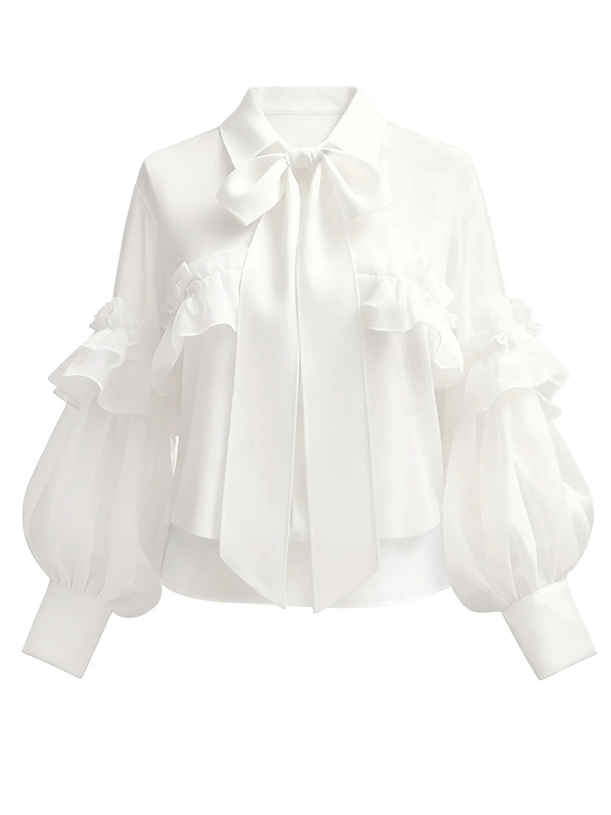 Weiß 1940er Rüschen Laternenärmel Tie-Front Bluse - Image 3