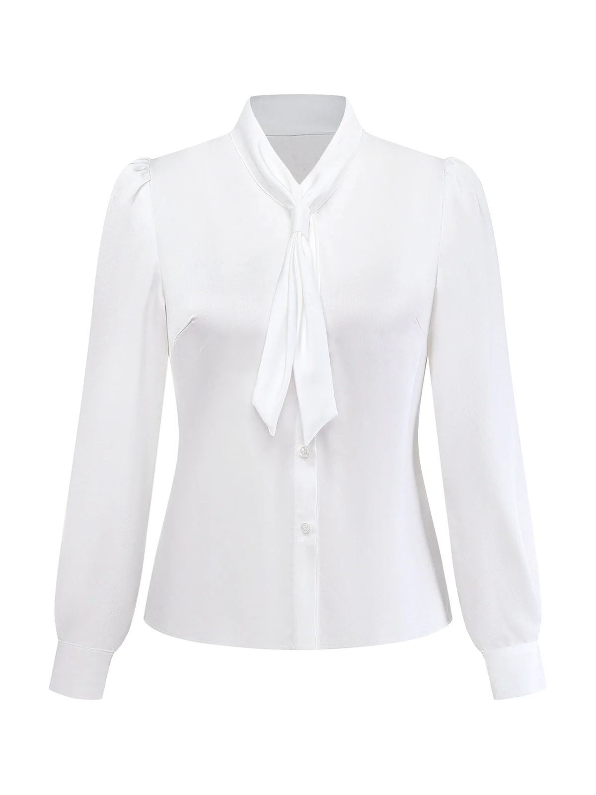 Weiß 1940er Solide Bindekragen Satin Bluse - Image 2