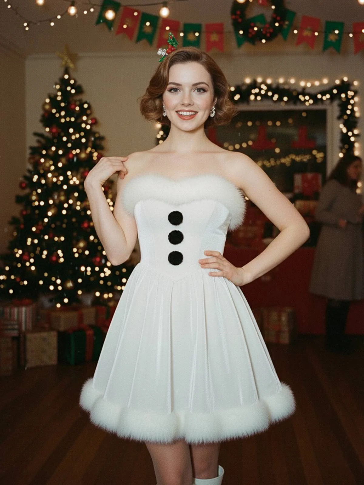 Weiß 1960er Schneemann Samt Plüschbesatz Trägerlos Kleid - Image 2