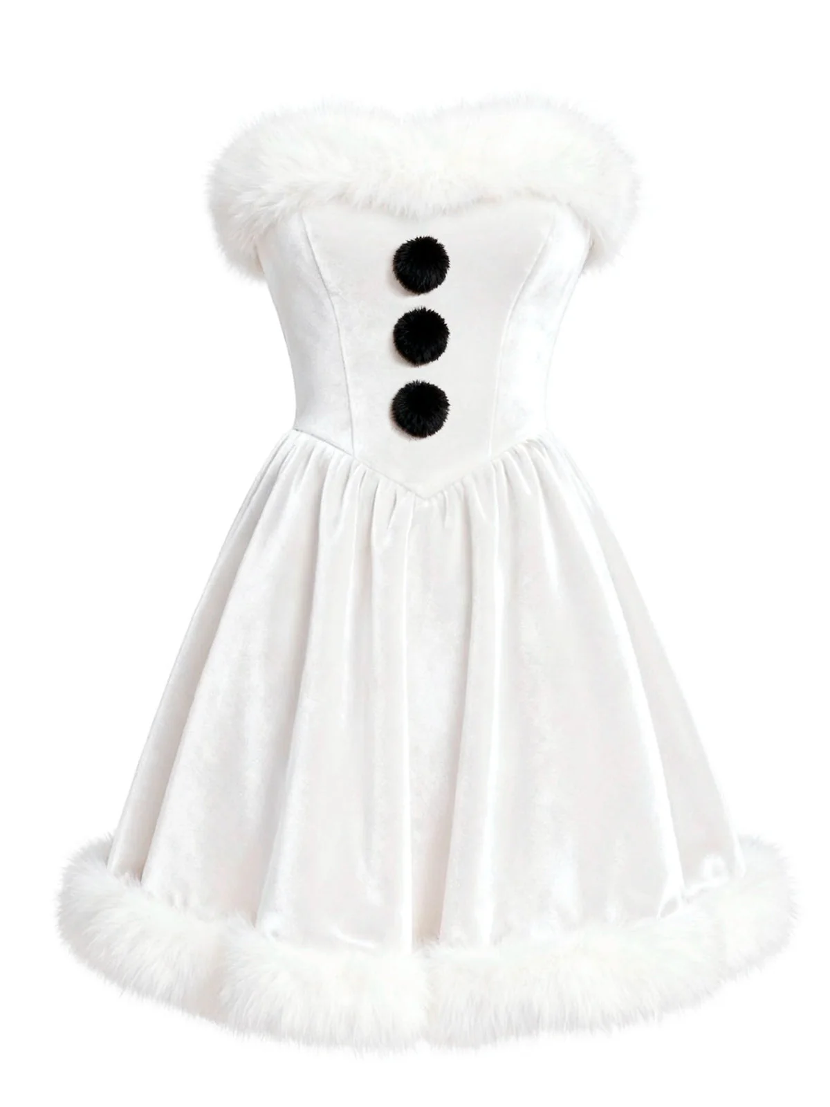 Weiß 1960er Schneemann Samt Plüschbesatz Trägerlos Kleid - Image 3