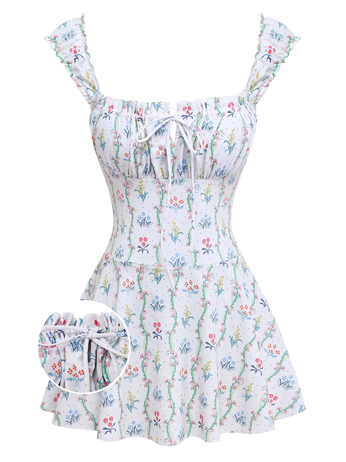 Weiß 1970er Blumen Rüschen Kappärmel Badeanzug-Kleid