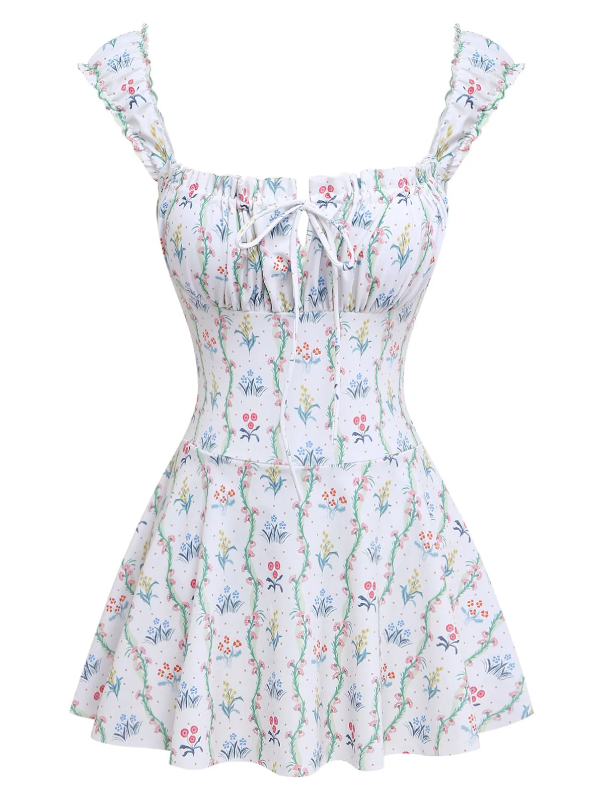 Weiß 1970er Blumen Rüschen Kappärmel Badeanzug-Kleid - Image 2
