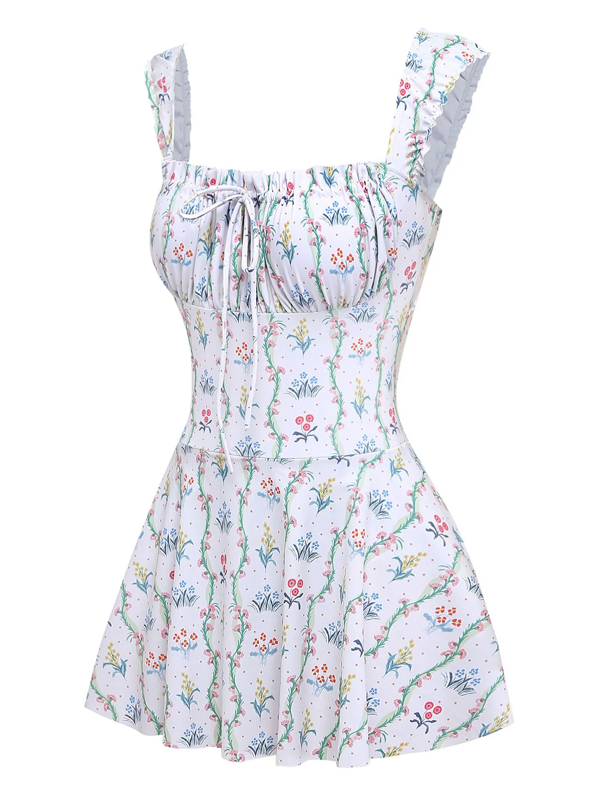 Weiß 1970er Blumen Rüschen Kappärmel Badeanzug-Kleid - Image 3