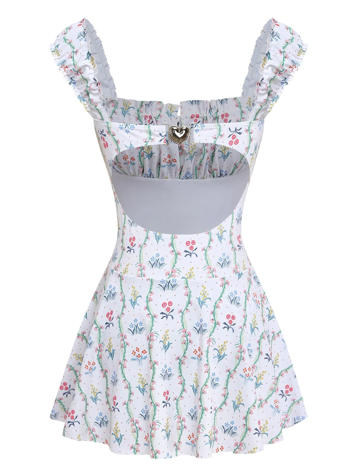 Weiß 1970er Blumen Rüschen Kappärmel Badeanzug-Kleid - Image 4
