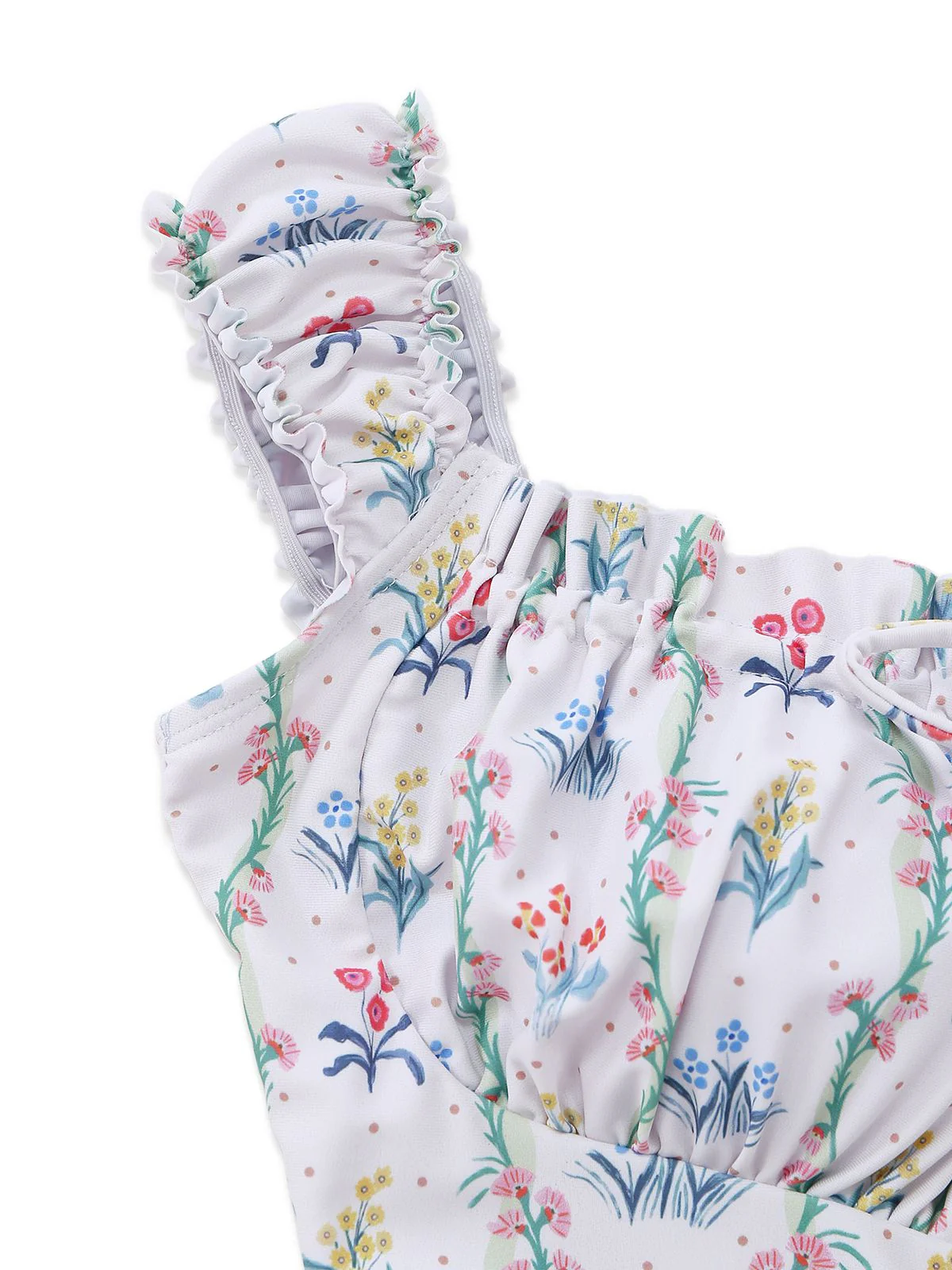 Weiß 1970er Blumen Rüschen Kappärmel Badeanzug-Kleid - Image 5