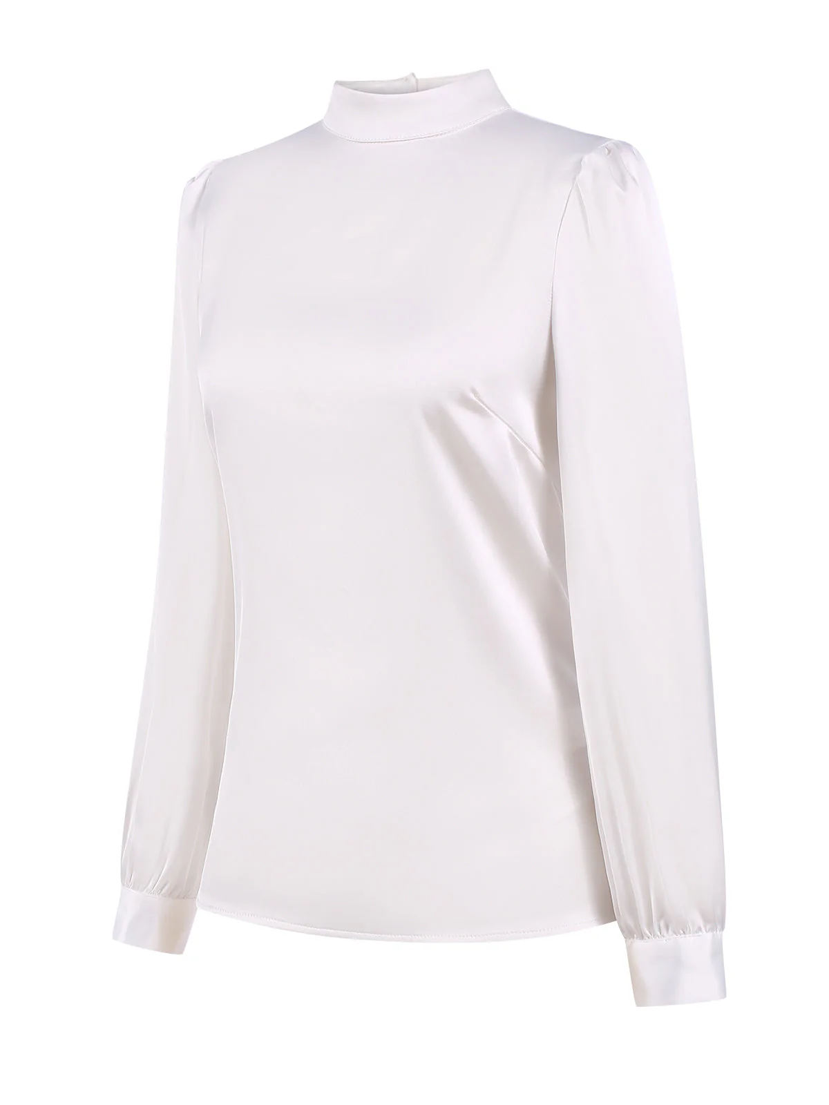 Weiß 1970er Satin Hoher Hals Solide Bluse - Image 3