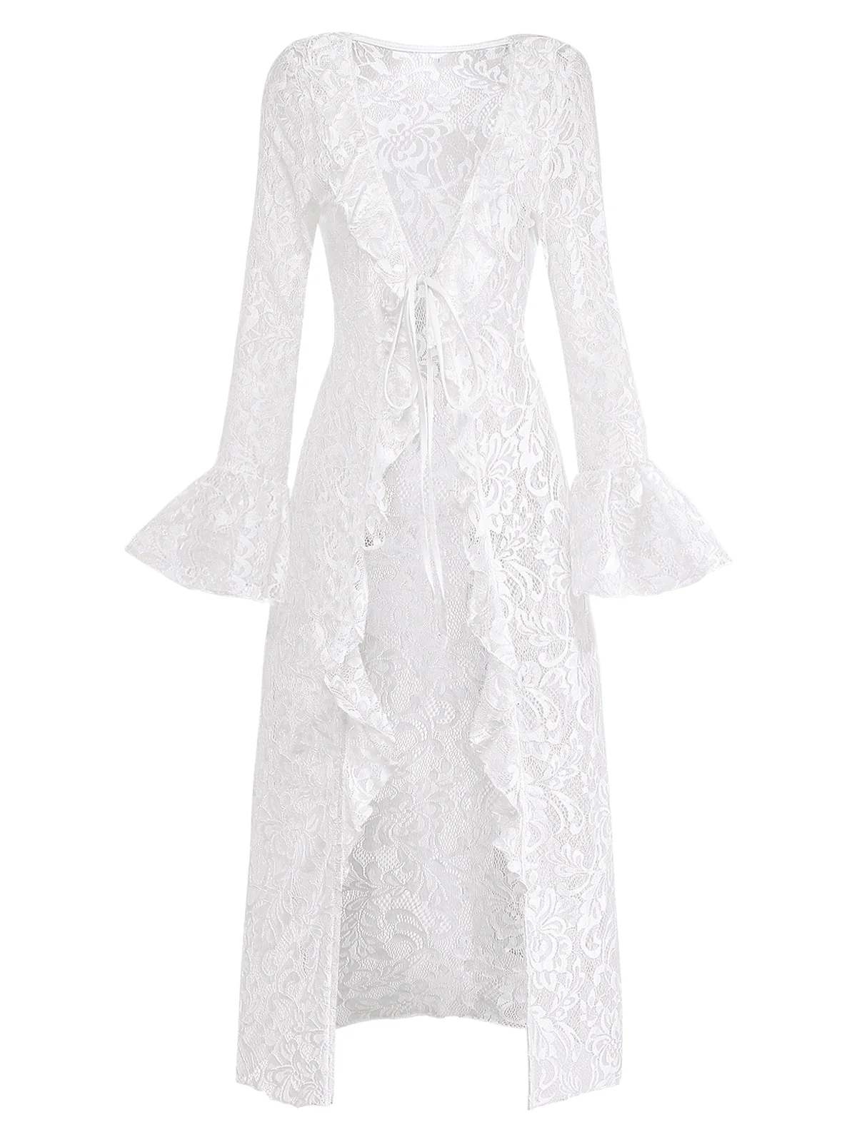 [Vorverkauf] Weißes 60er Maxi-Cover-Up mit Spitze und Glockenärmel - Image 2