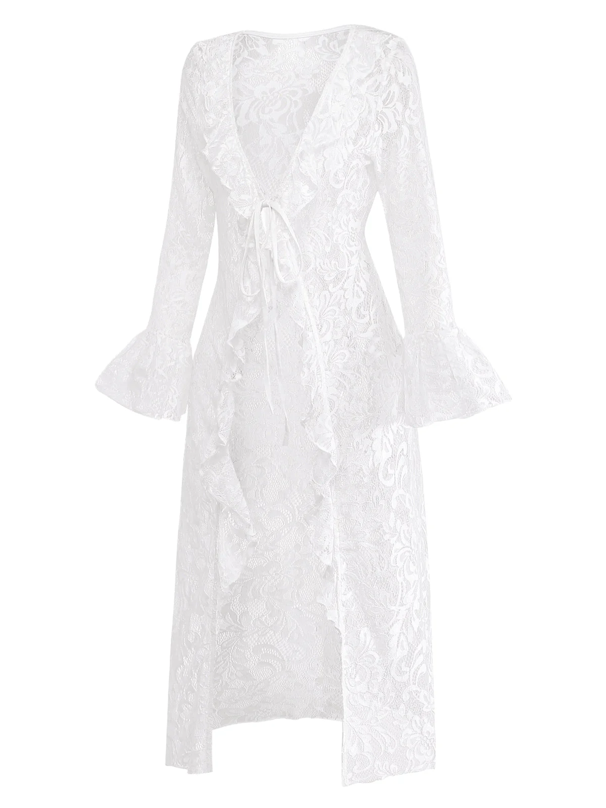 [Vorverkauf] Weißes 60er Maxi-Cover-Up mit Spitze und Glockenärmel - Image 3