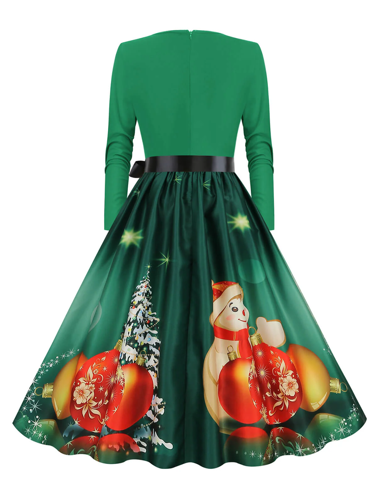 Weihnachten 1950er V-Ausschnitt Langarm Patchwork Kleid - Image 10