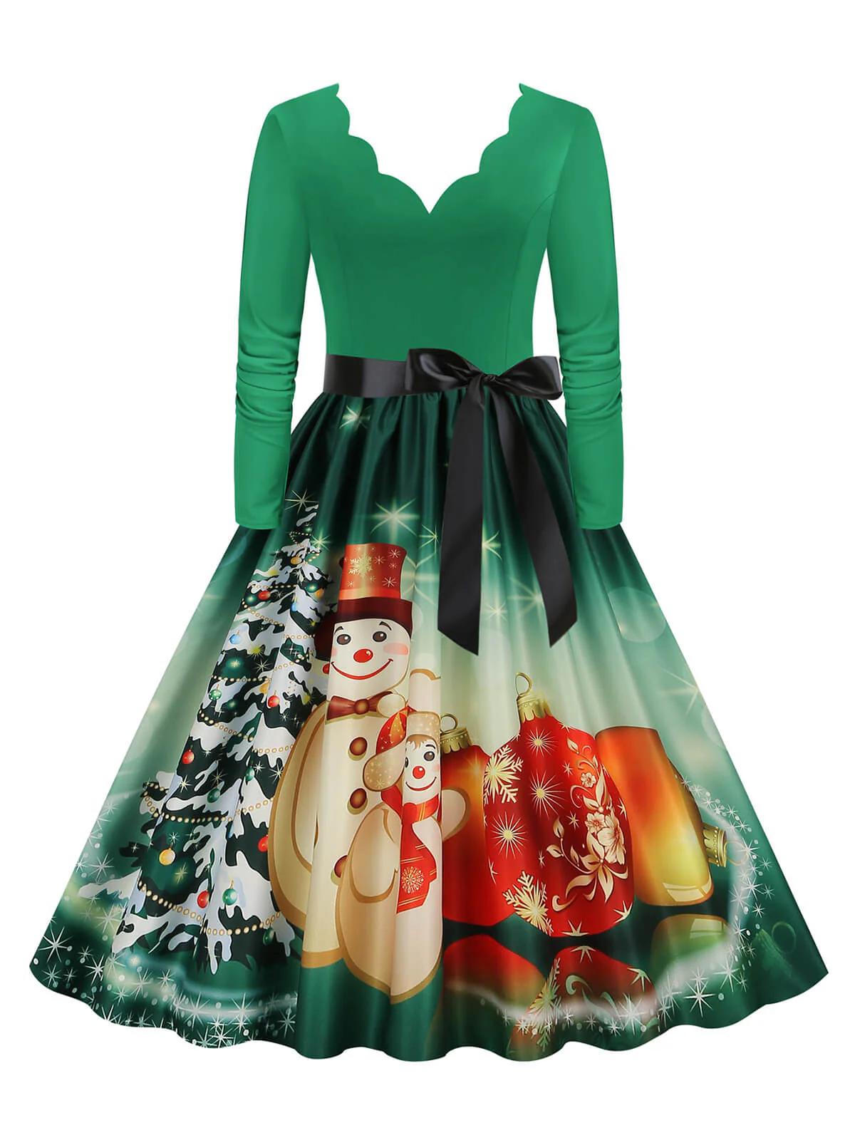 Weihnachten 1950er V-Ausschnitt Langarm Patchwork Kleid - Image 11