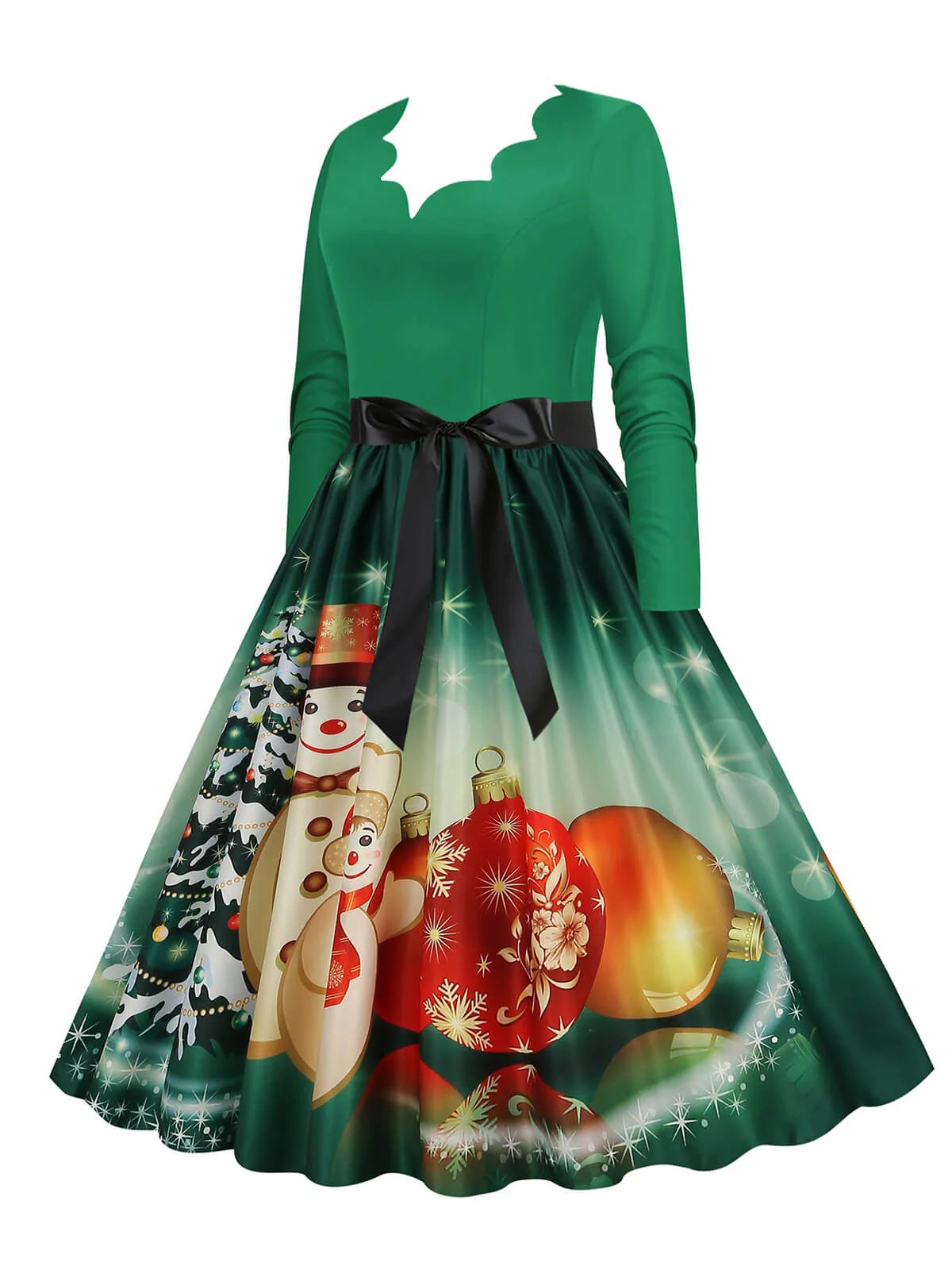 Weihnachten 1950er V-Ausschnitt Langarm Patchwork Kleid - Image 12