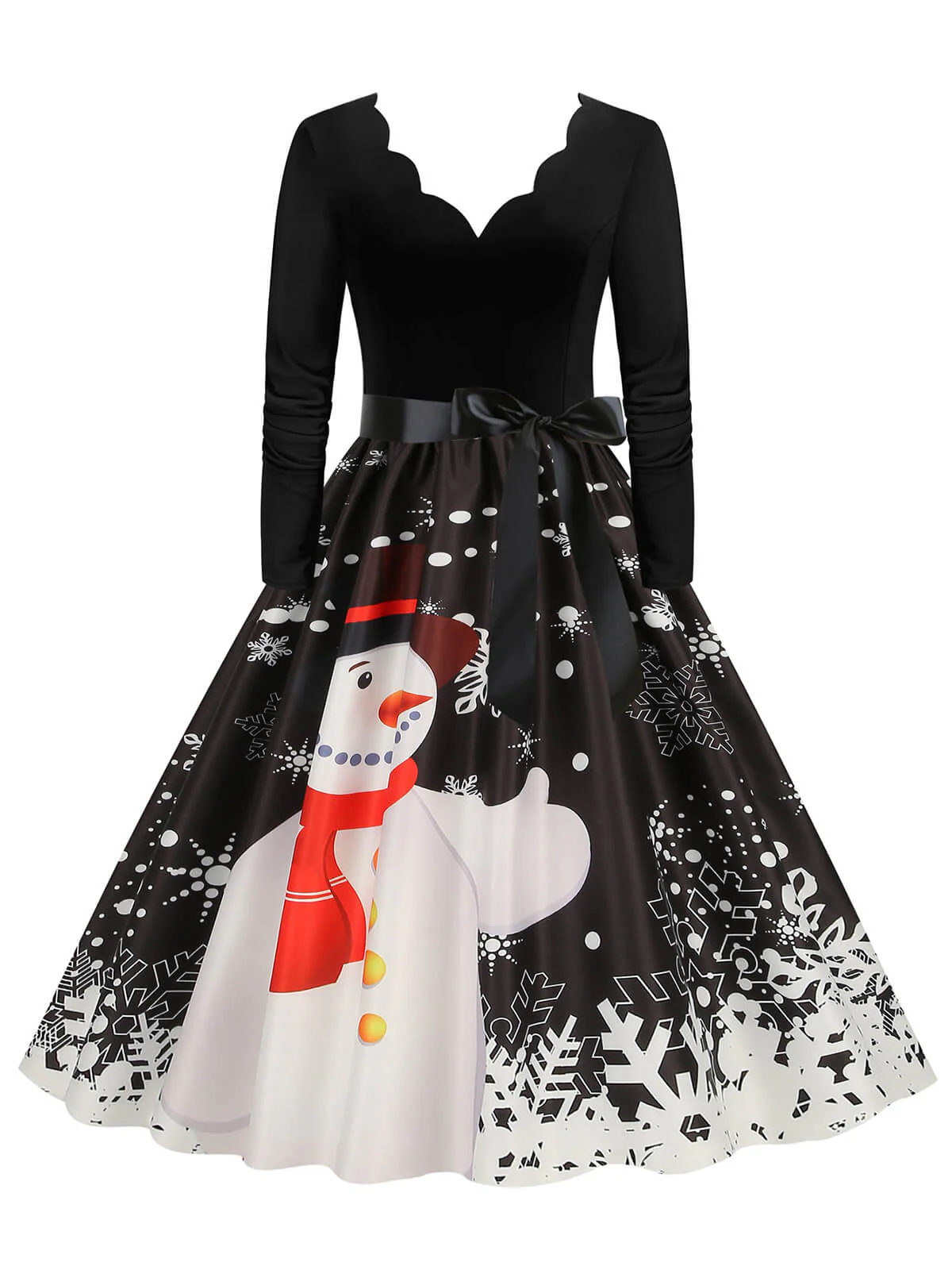 Weihnachten 1950er V-Ausschnitt Langarm Patchwork Kleid - Image 13