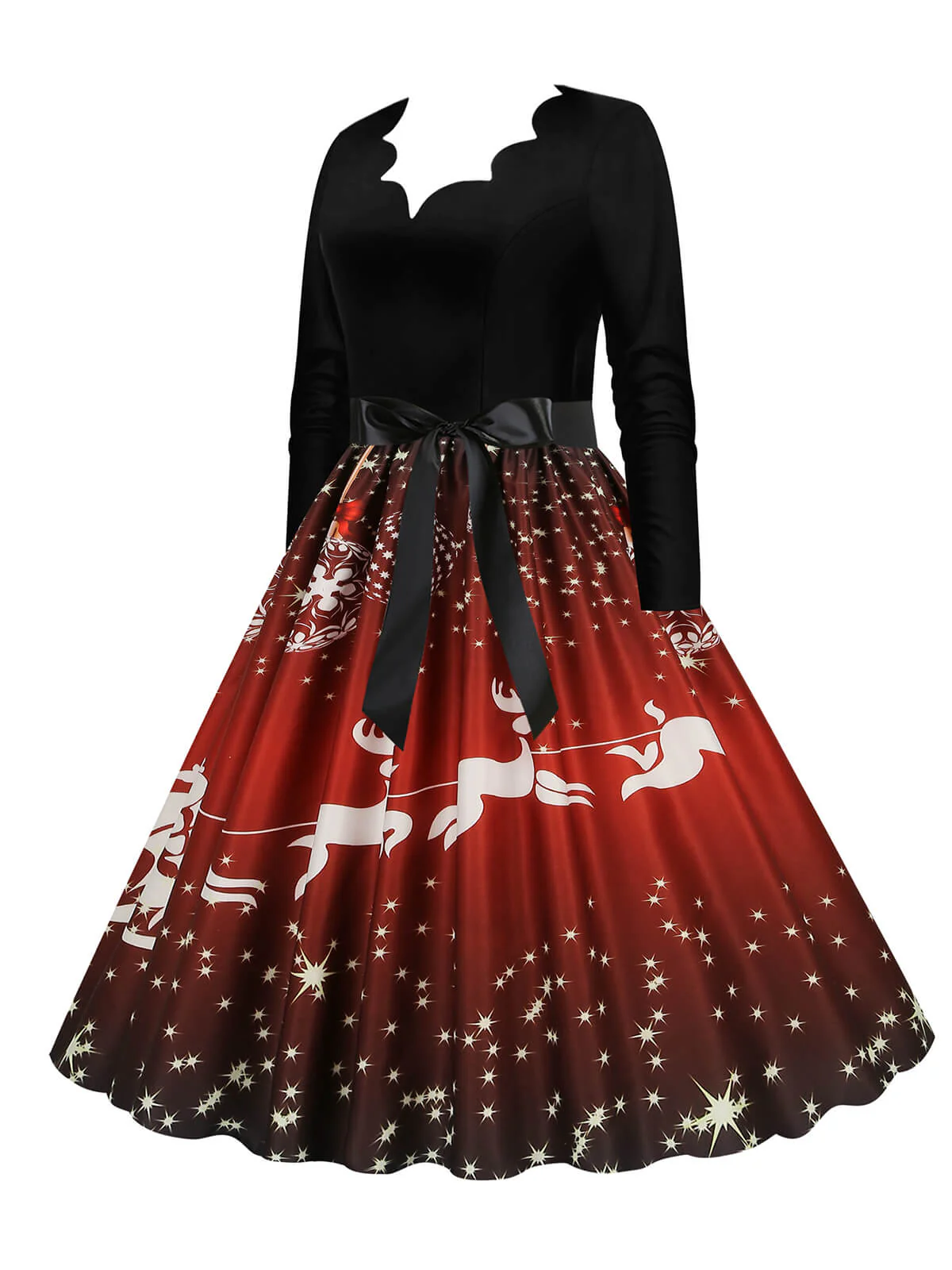 Weihnachten 1950er V-Ausschnitt Langarm Patchwork Kleid - Image 2