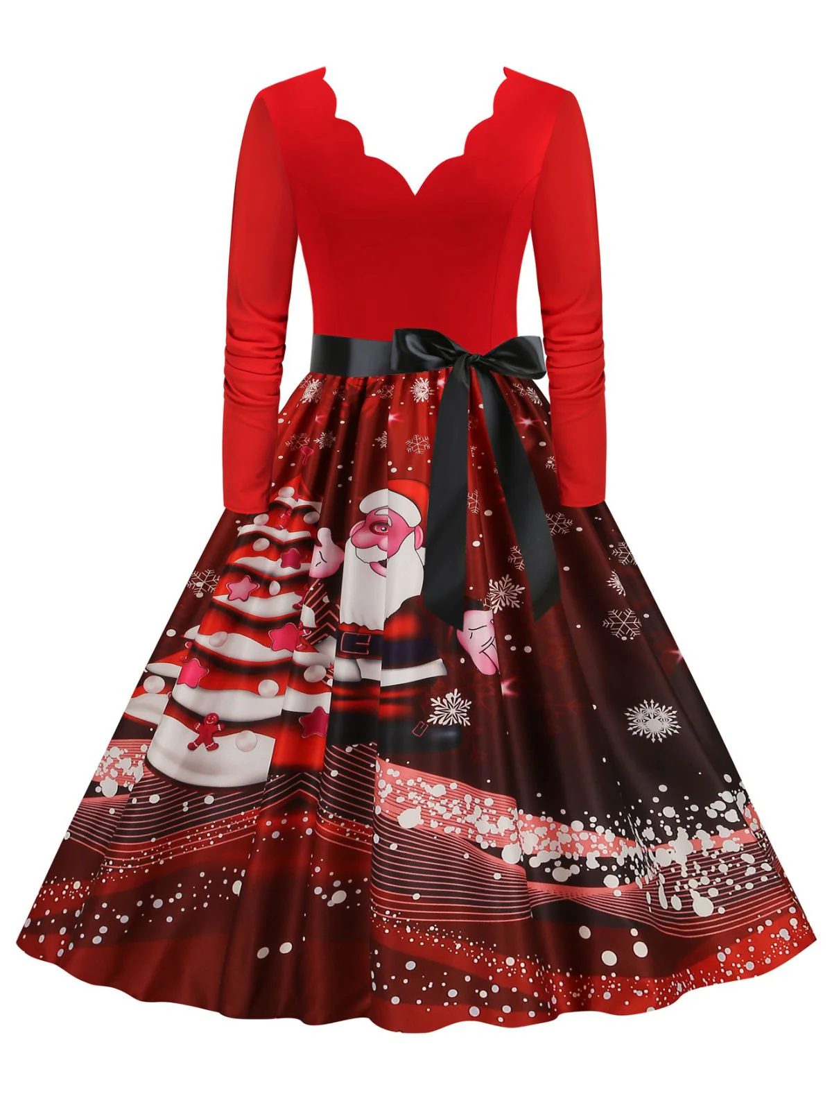 Weihnachten 1950er V-Ausschnitt Langarm Patchwork Kleid - Image 4
