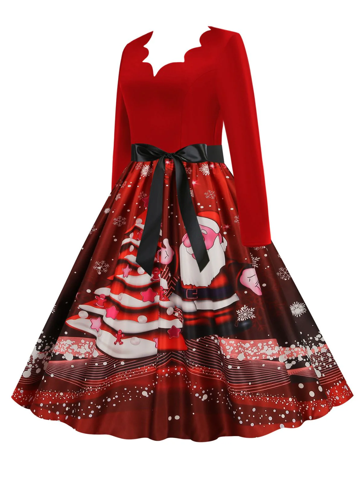 Weihnachten 1950er V-Ausschnitt Langarm Patchwork Kleid - Image 5
