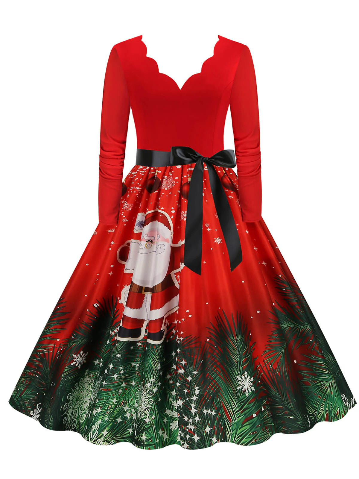 Weihnachten 1950er V-Ausschnitt Langarm Patchwork Kleid - Image 7