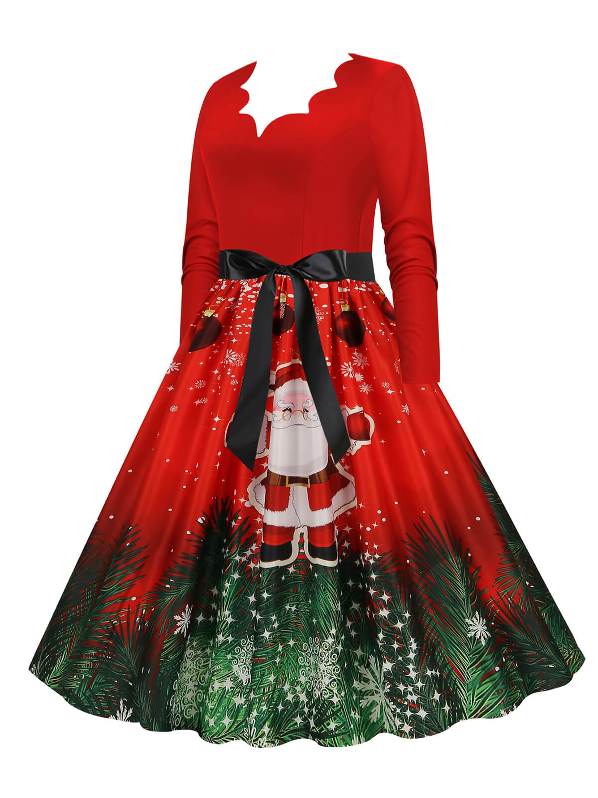 Weihnachten 1950er V-Ausschnitt Langarm Patchwork Kleid - Image 8