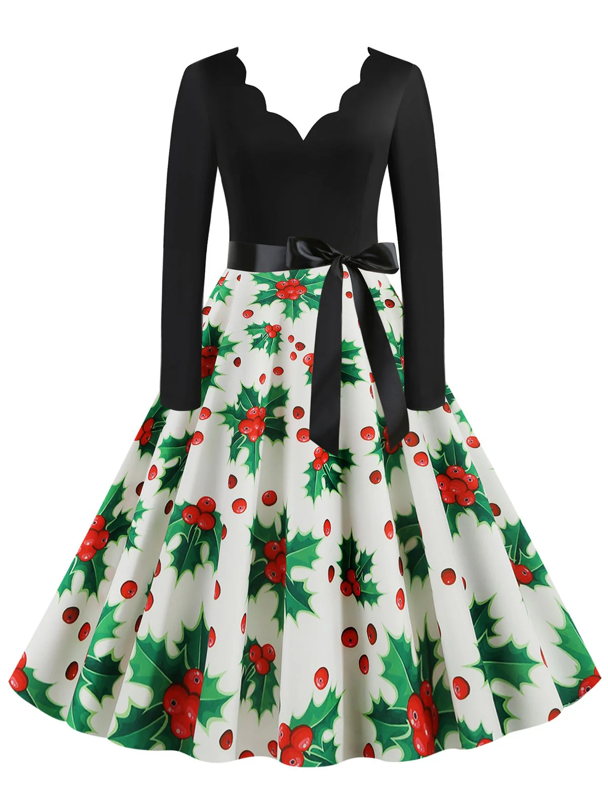 Schwarz 1950er Weihnachten V-Ausschnitt Patchwork Swing Kleid - Image 11