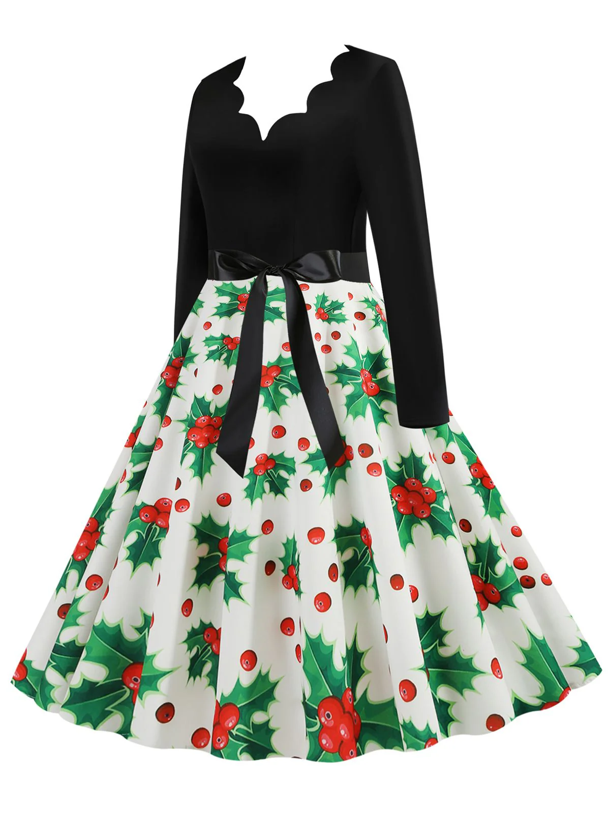 Schwarz 1950er Weihnachten V-Ausschnitt Patchwork Swing Kleid - Image 12