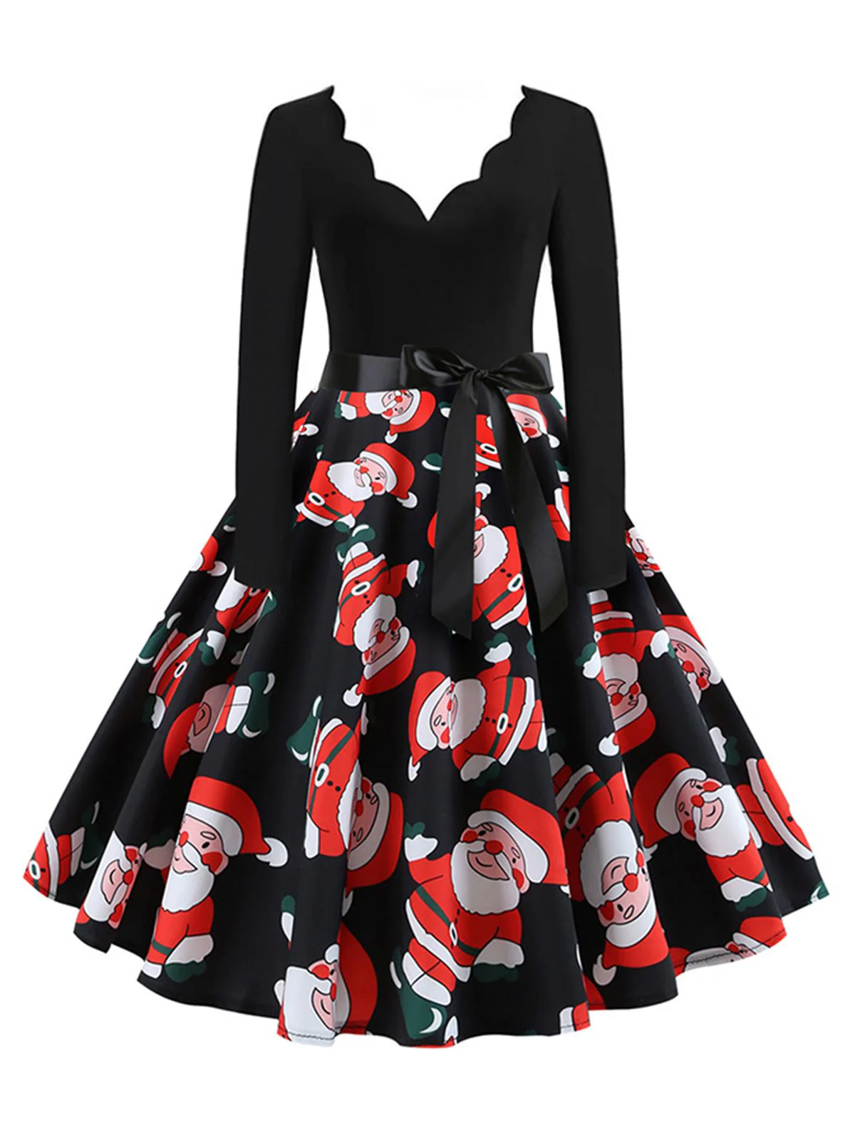 Schwarz 1950er Weihnachten V-Ausschnitt Patchwork Swing Kleid - Image 2